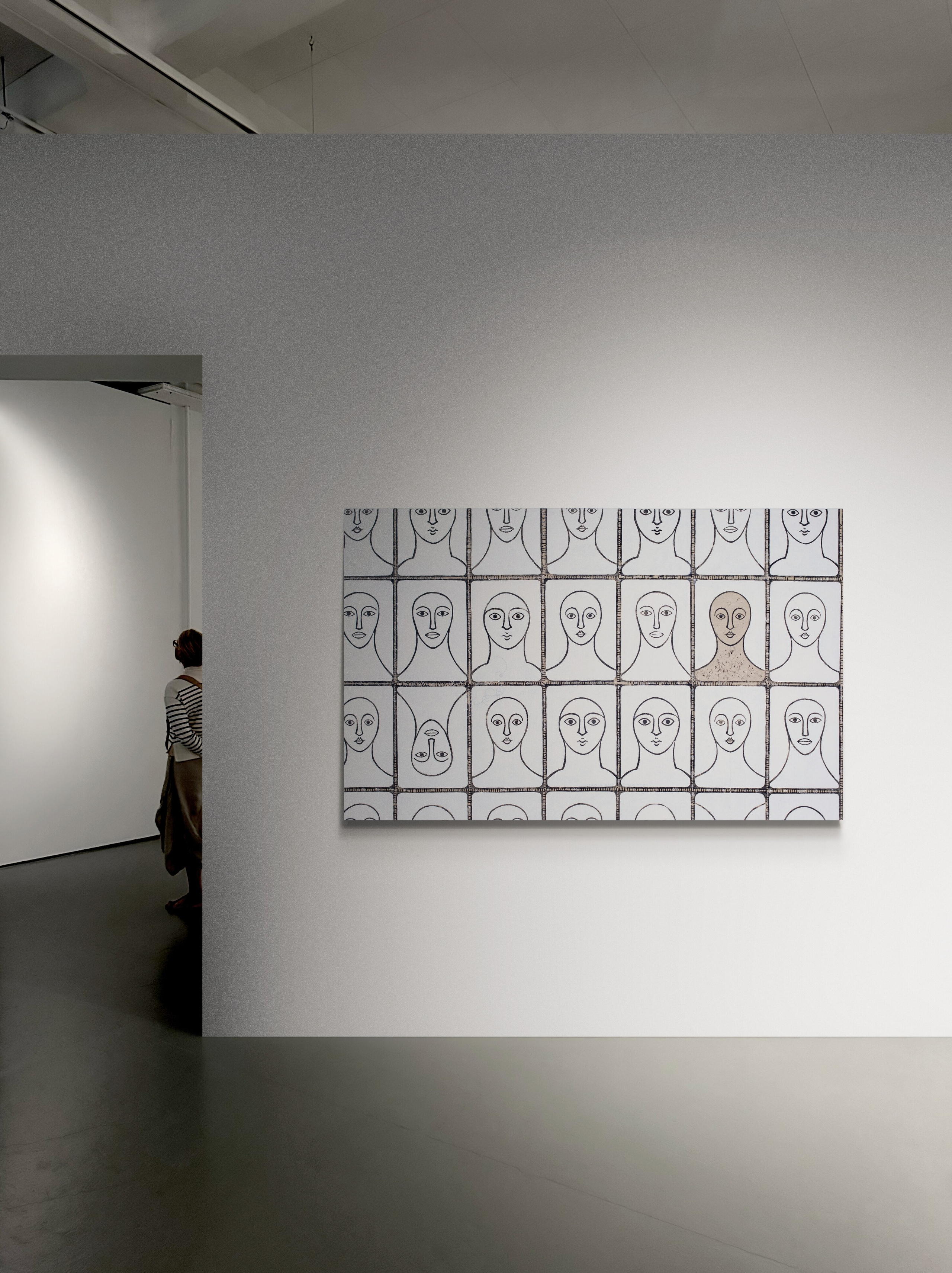 «Volti» Tecnica mista. Stampa su tela, ricamo su tela, olio su tela 90×144 cm. Nadia Kuprina. Artist