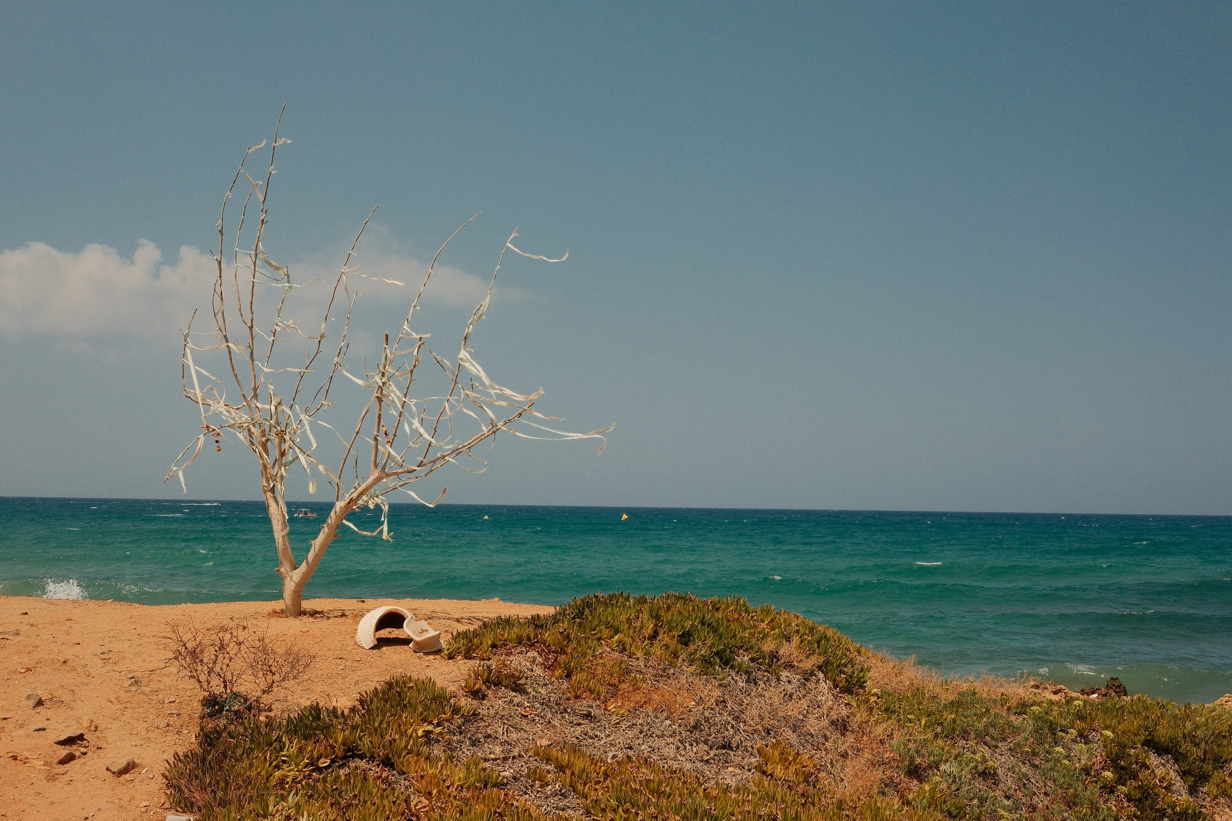 Quiet coastal landscape near Stalida, Crete, photographed with the Fujifilm Solis recipe.