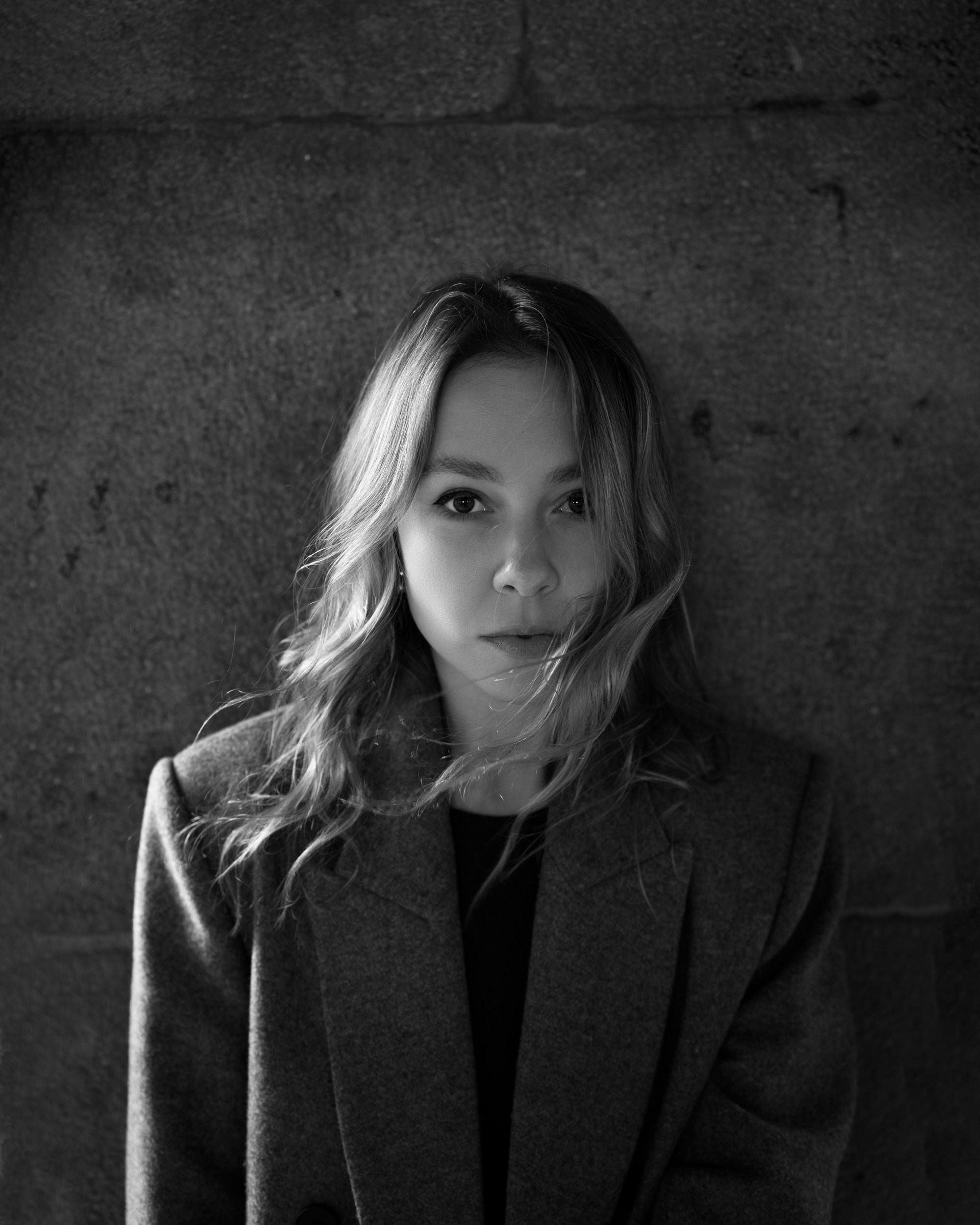 Moody black and white female portrait, dramatic portrait photography