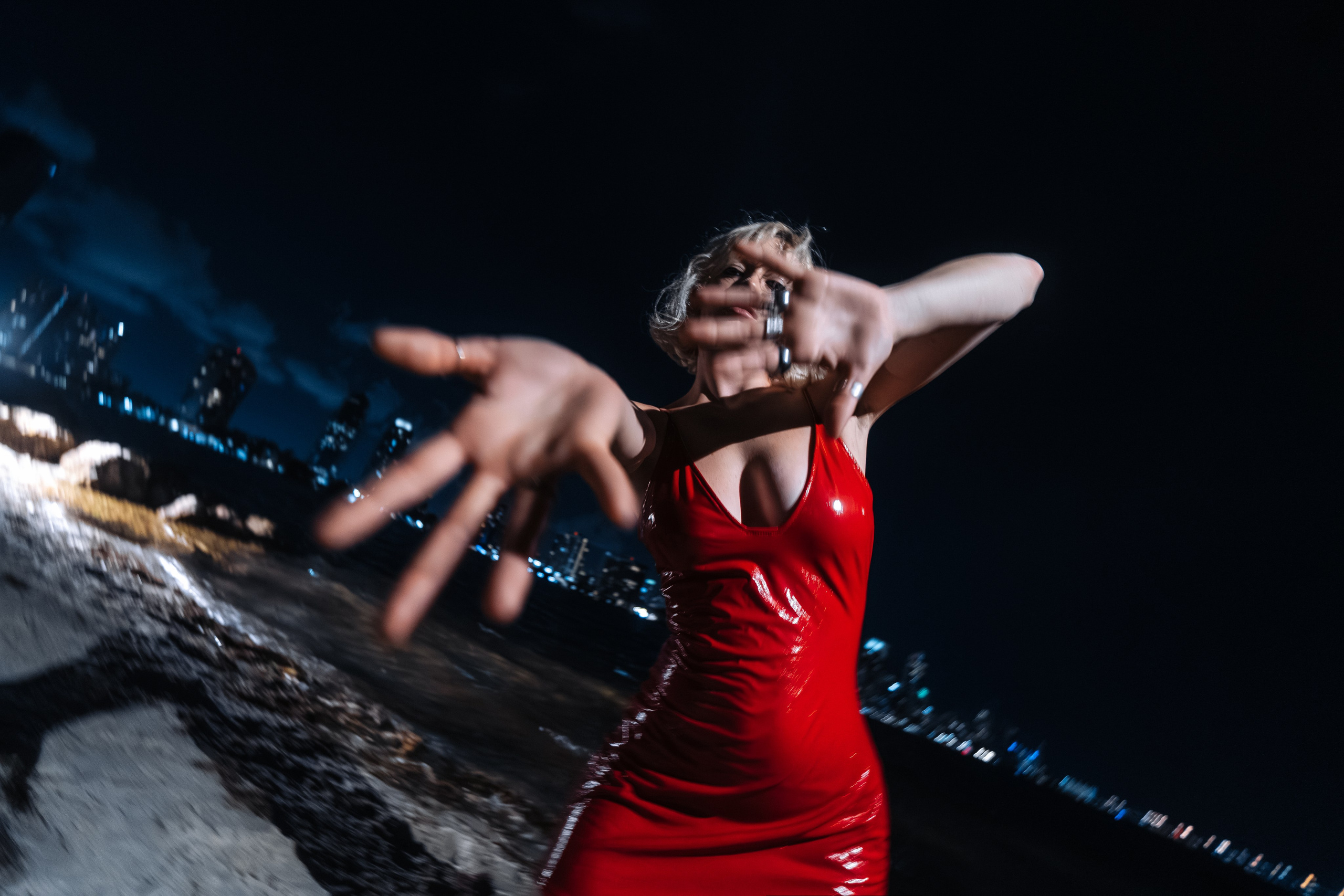 Low-angle capture emphasizing silhouette and skyline verticality.