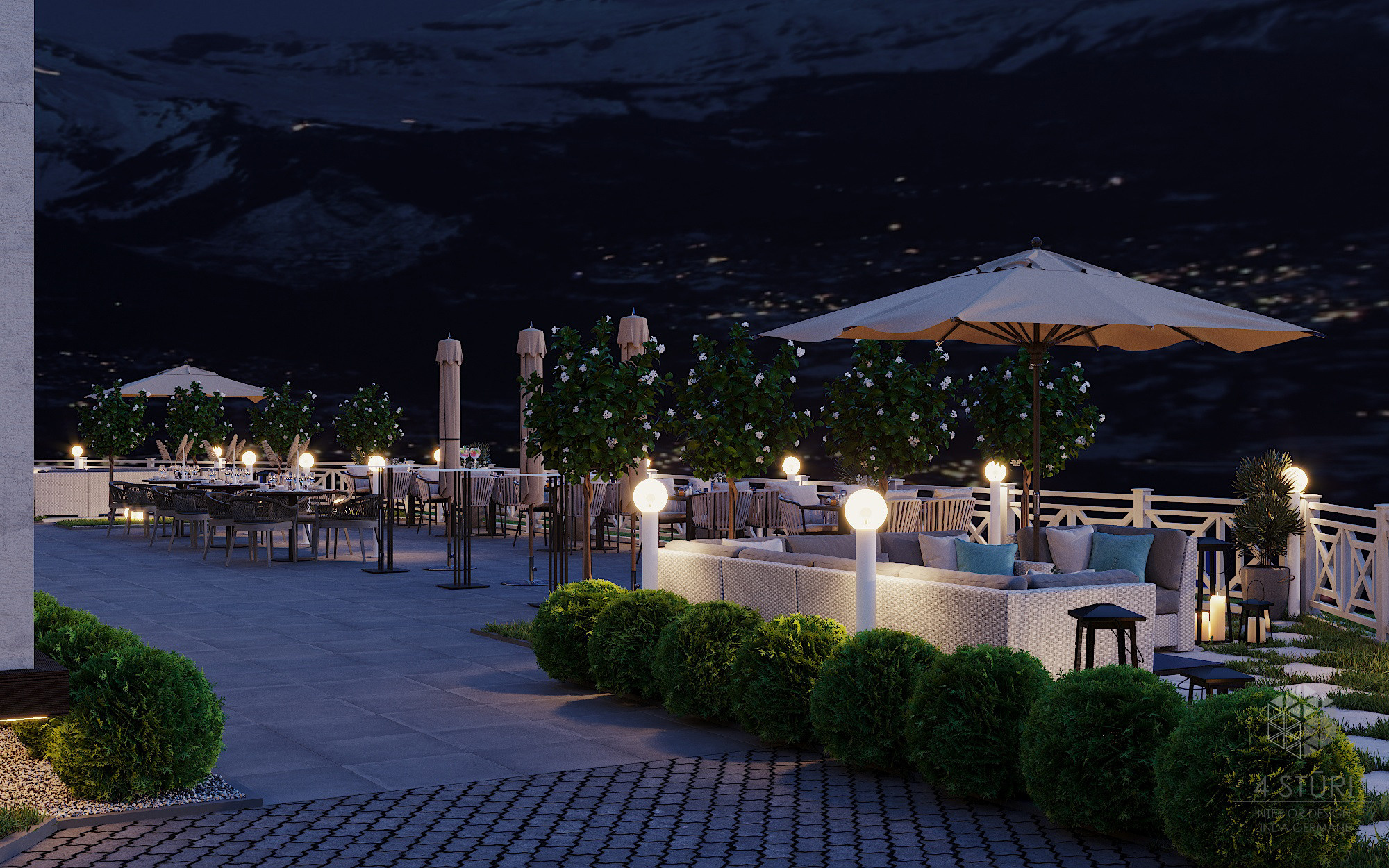 Restorāna terase Šveicē, Kriens. Interjera dizaina studija 4 Stūri