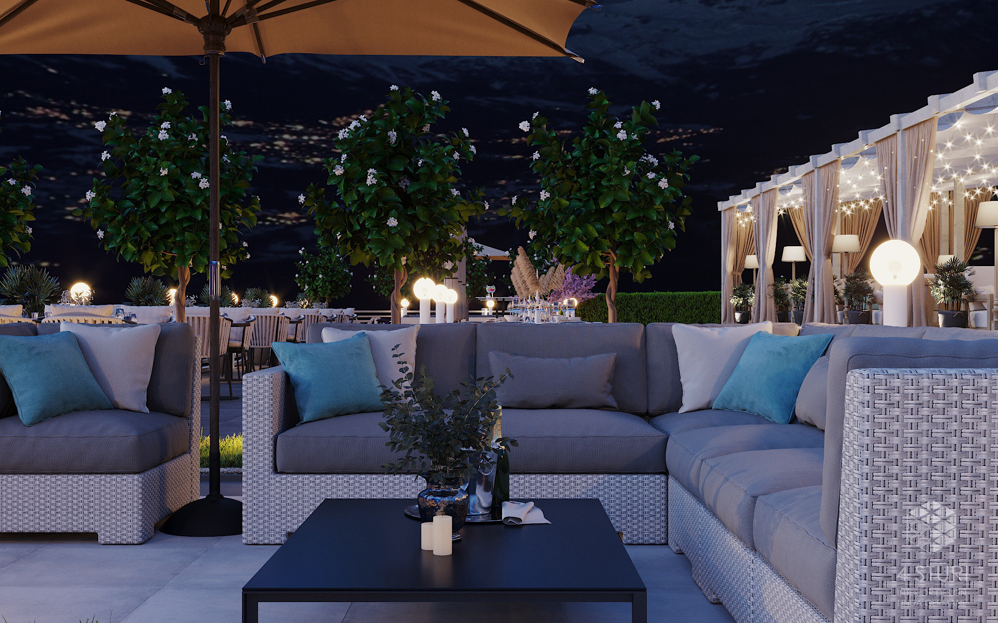 Restorāna terase Šveicē, Kriens. Interjera dizaina studija 4 Stūri