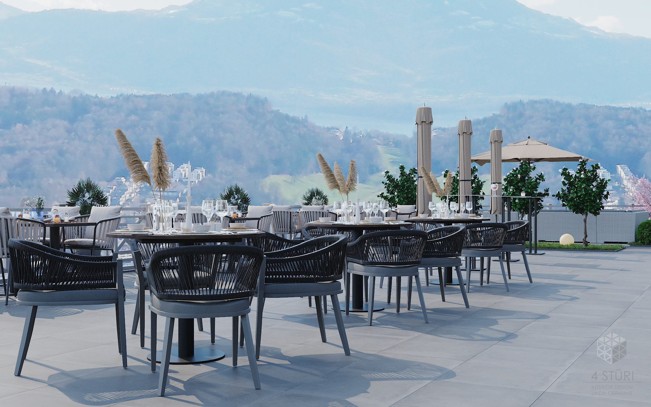 Restorāna terase Šveicē, Kriens. Interjera dizaina studija 4 Stūri