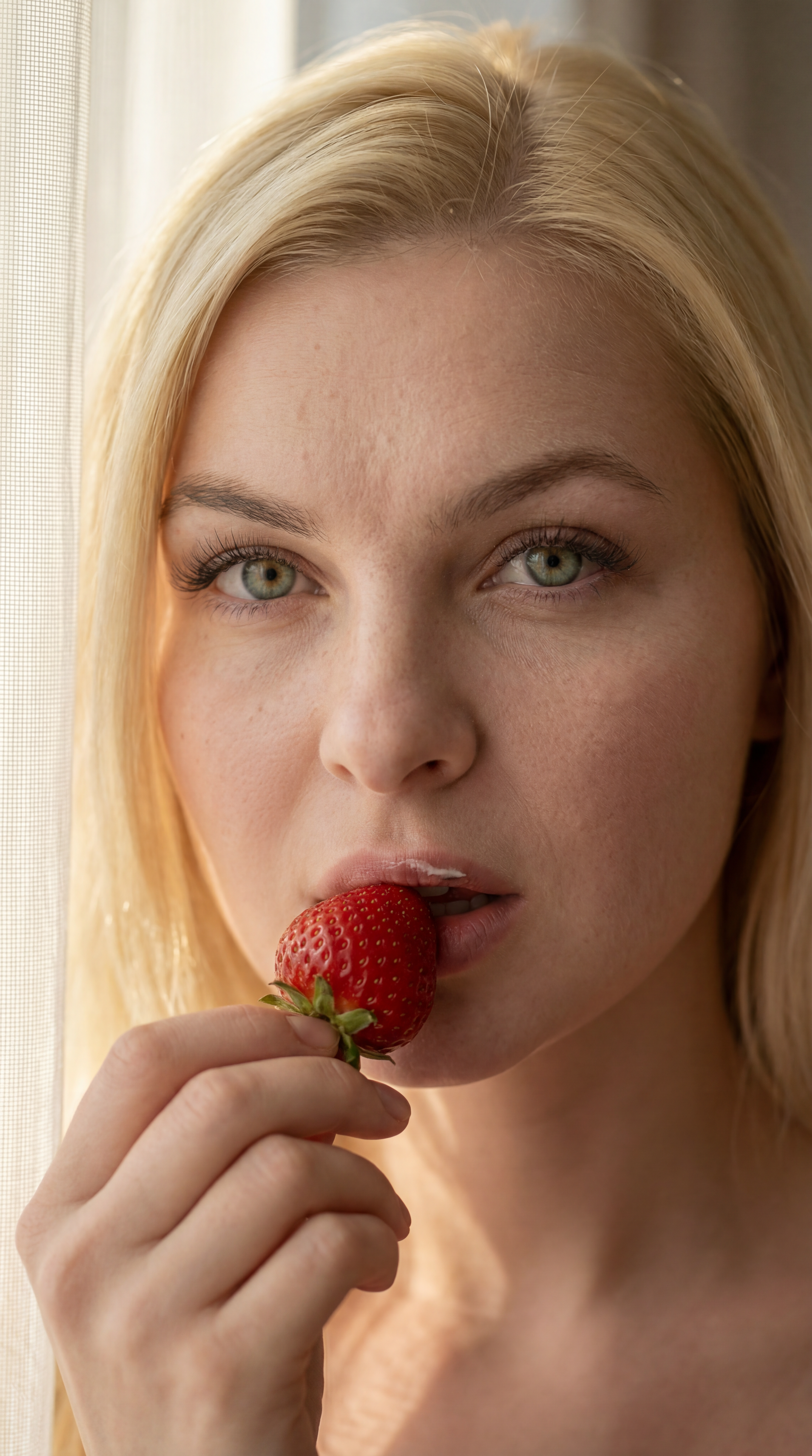 Close-up portrait of blonde woman holding fresh strawberry near lips by window, natural light beauty photography, soft warm sunlight, minimal background, high detail skin texture and vibrant fruit color