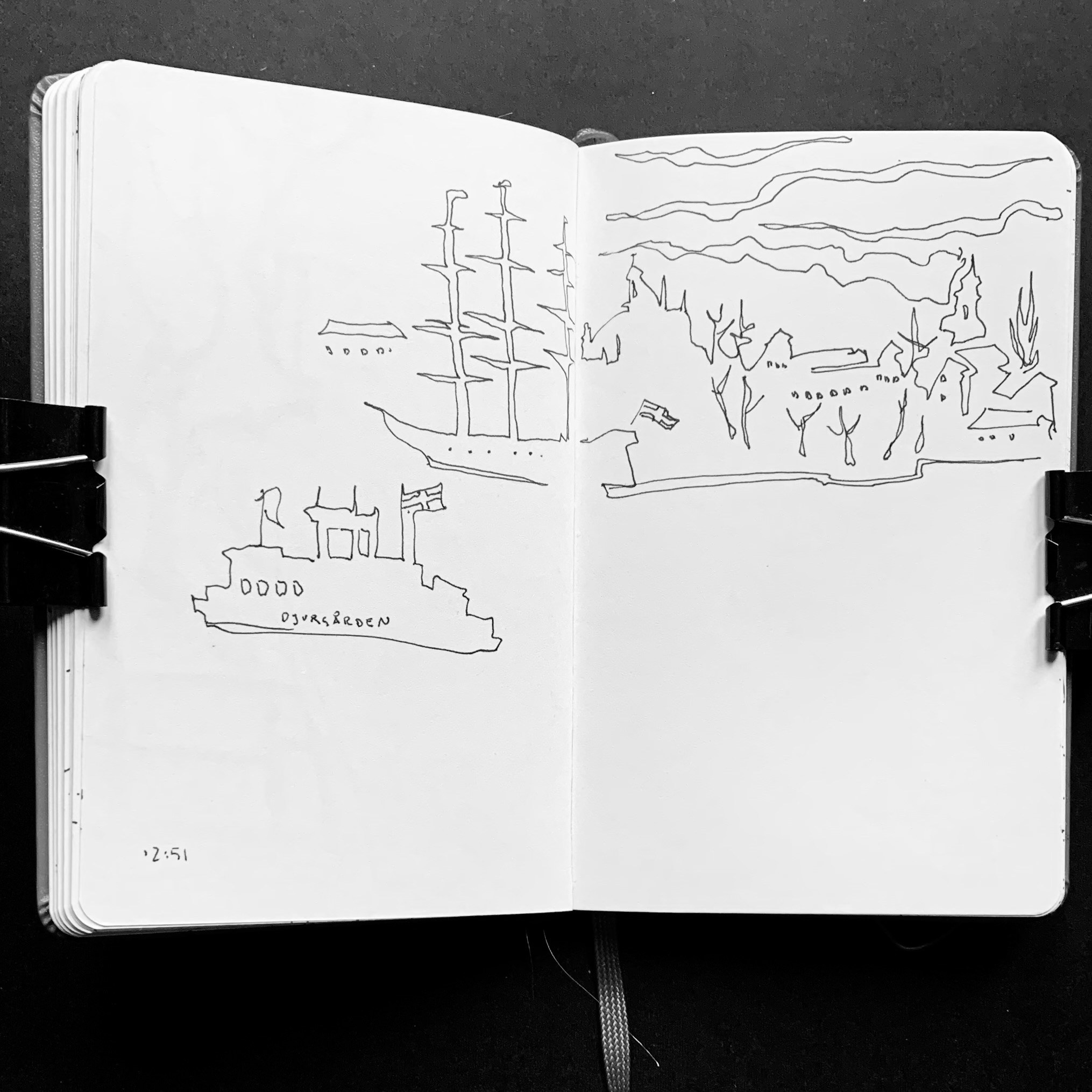 Disegni in bianco e nero su taccuino Moleskine realizzati a Stoccolma durante diversi viaggi, diario di viaggio e testimonianza dell’esperienza intima dello sketchbook di Nadia Kuprina. Djurgården och Chapman.