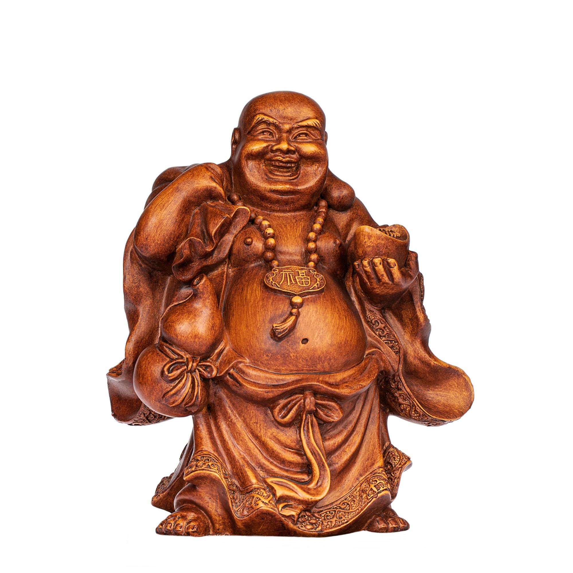 Hand carved wooden Hotei Buddha figurine holding a gold ingot and fortune bag isolated on white background. Symbol of wealth and happiness.