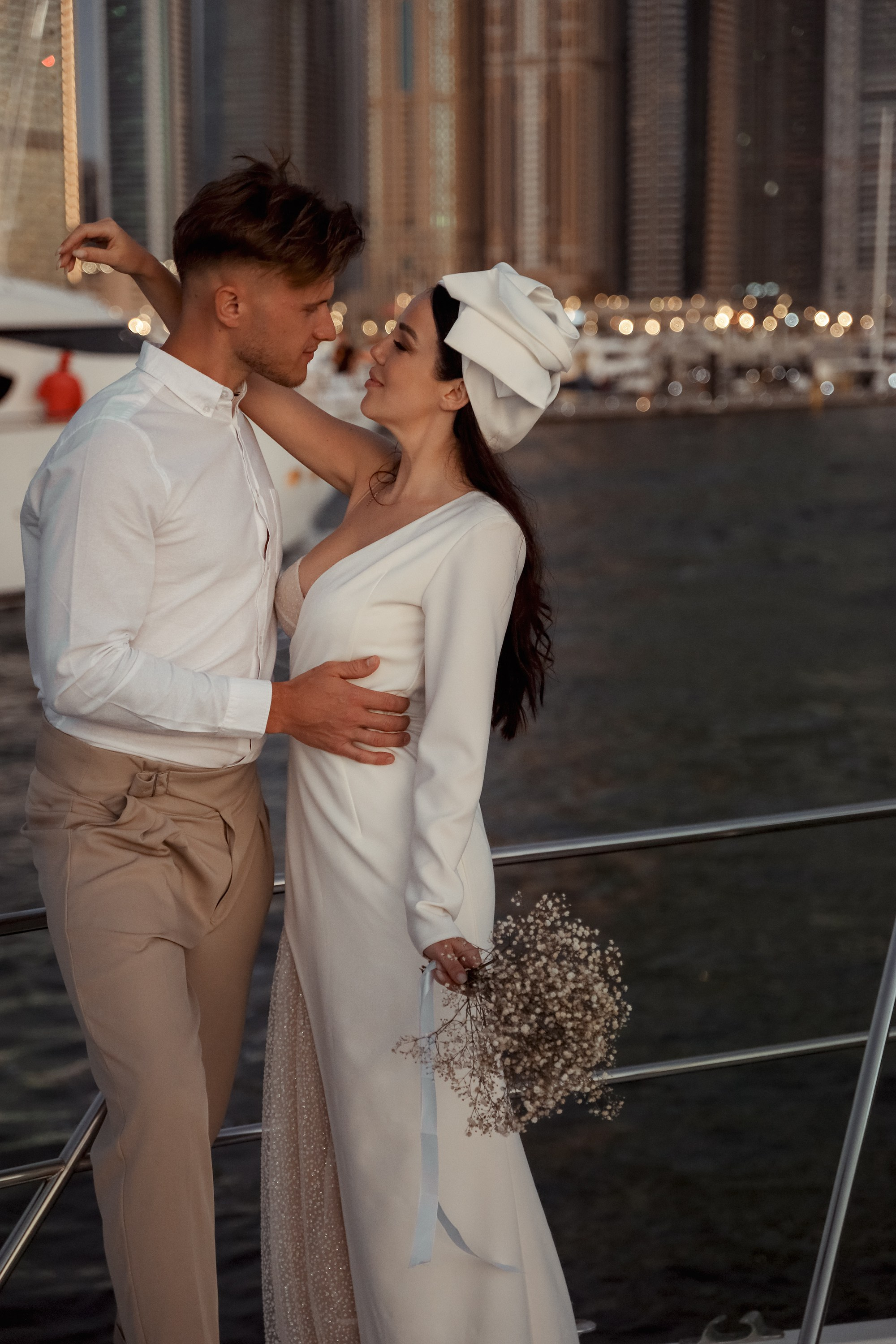 A couple’s love story told through portraits on a yacht. Dubai, United Arab Emirates