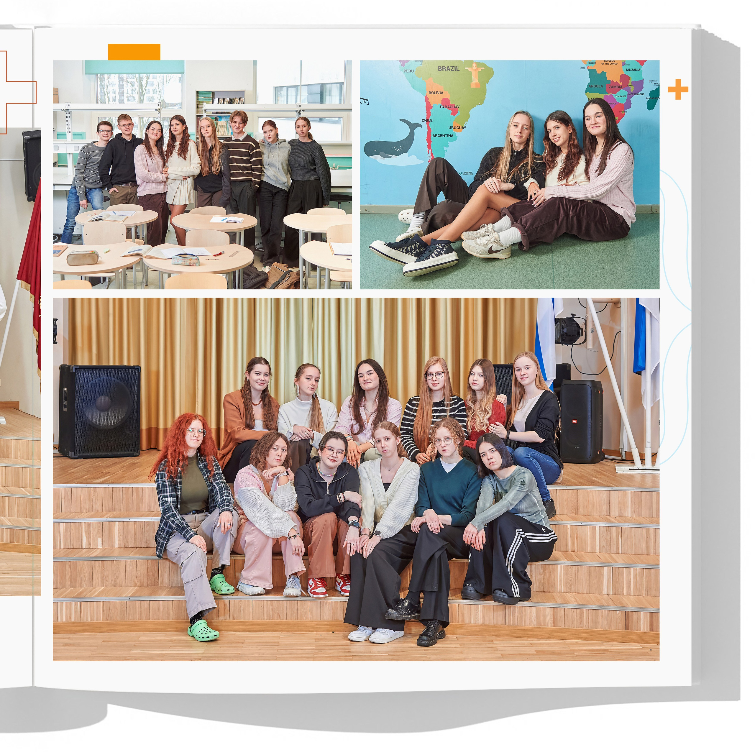 Разворот с общей фотографией класса и фотографии с друзьями