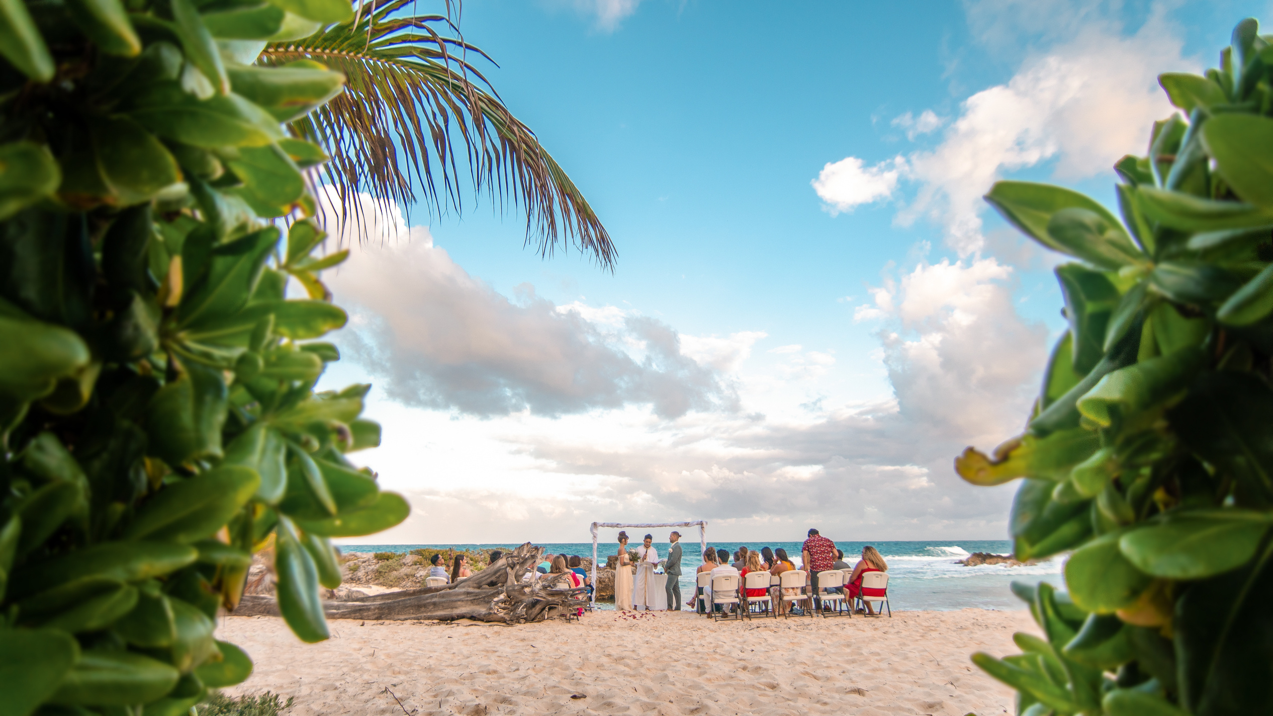 Ocean breeze wedding ceremony with floral backdrop