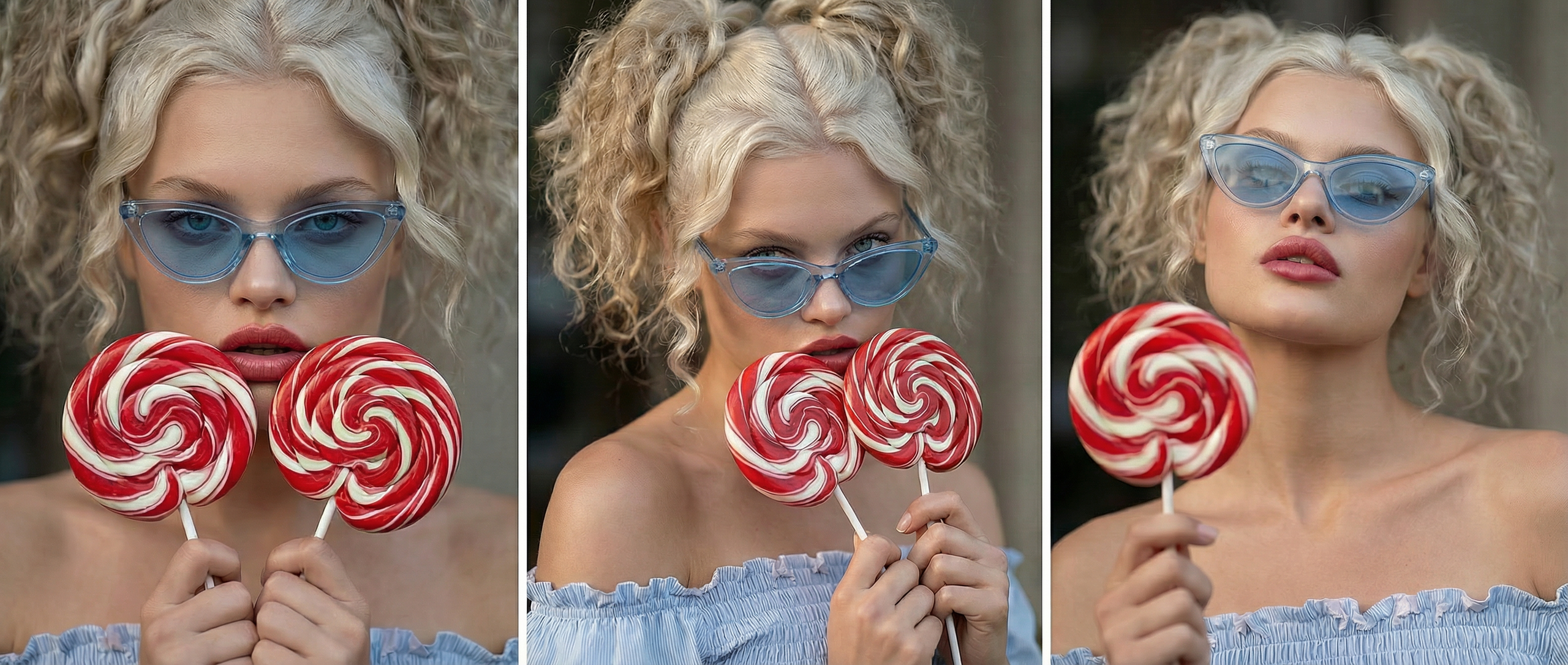 AI fashion portrait of a blonde woman with blue sunglasses holding red swirl lollipops