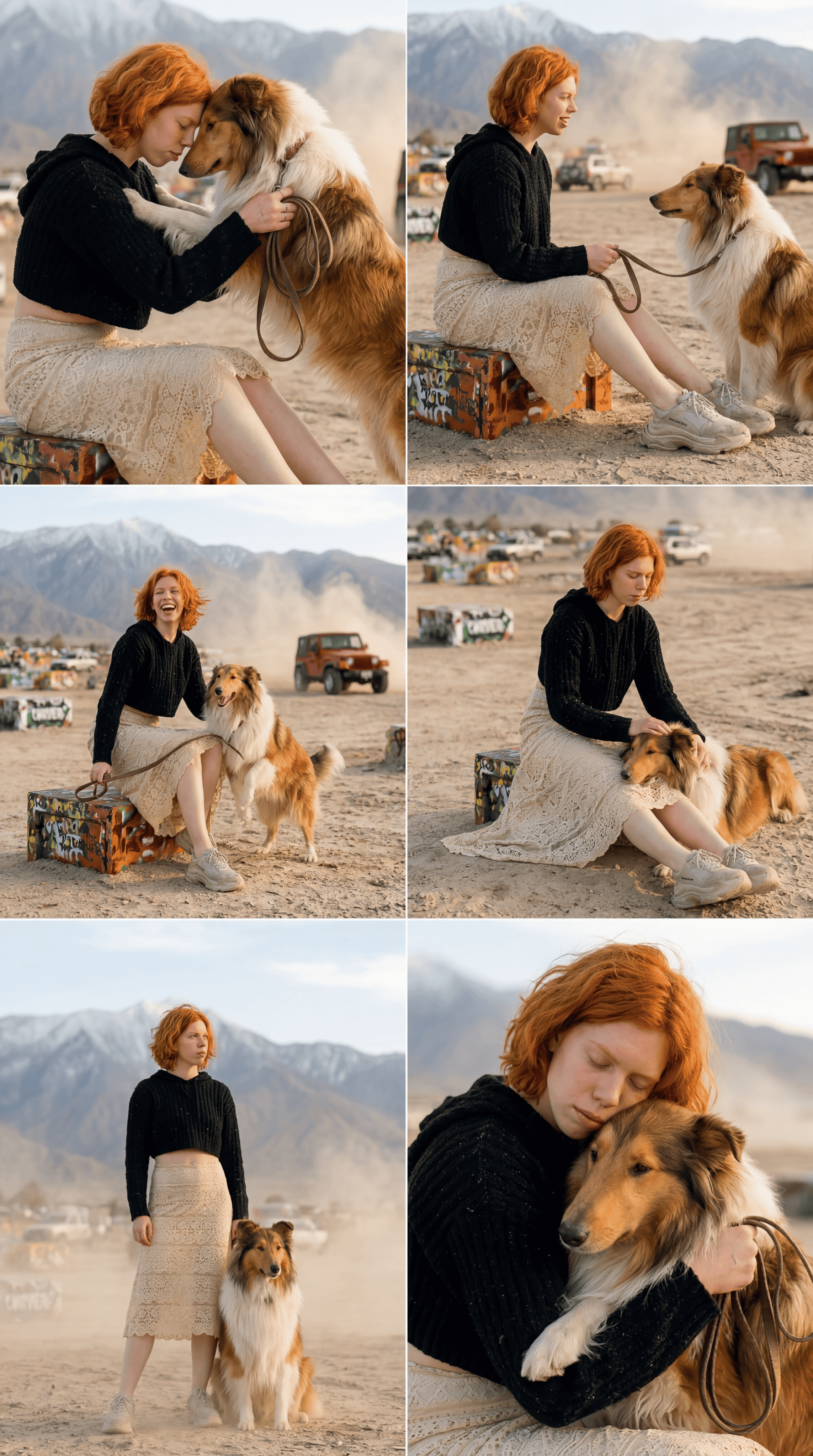 red-haired woman interacting with rough collie dog in desert landscape with mountains at golden hour, cinematic editorial portrait photography