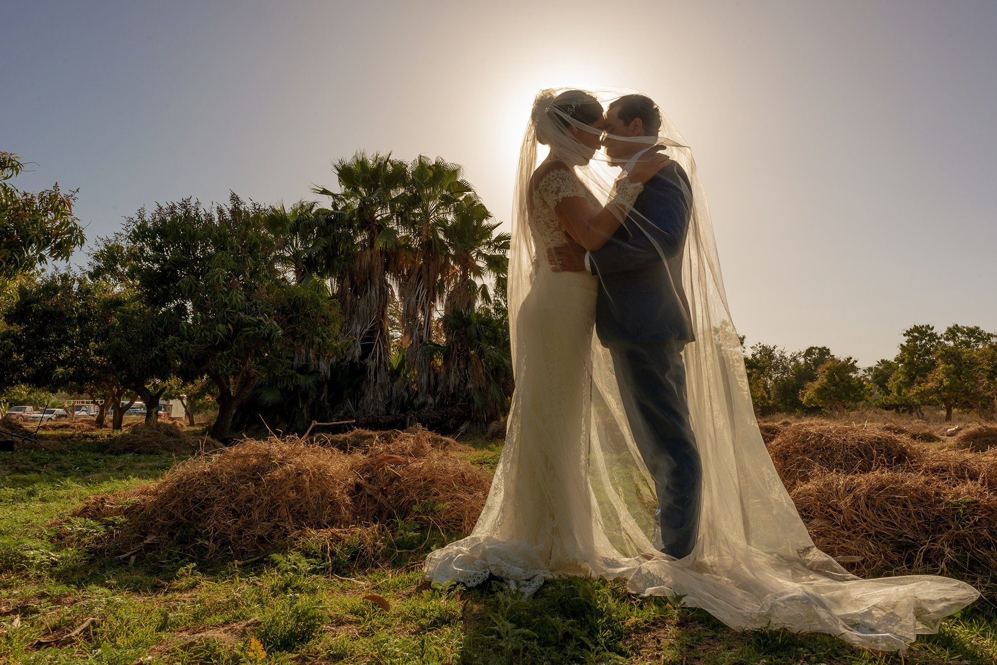 Sunset wedding portrait in Los Cabos – backlit bride and groom with romantic cinematic lighting by the ocean