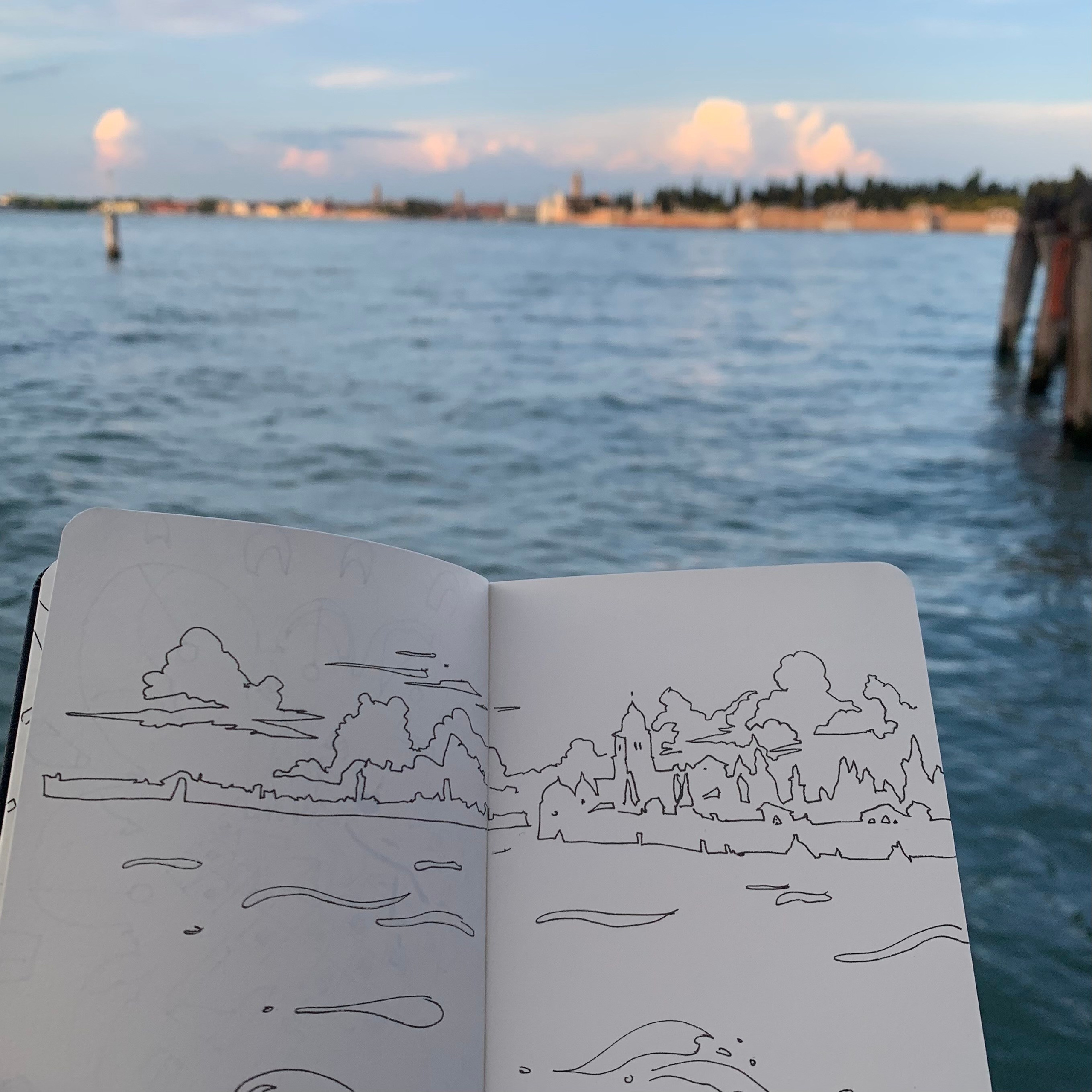 Moleskine notebook with original hand-drawn works on paper created in Venice, part of Nadia Kuprina’s contemporary drawing practice. View and drawing.