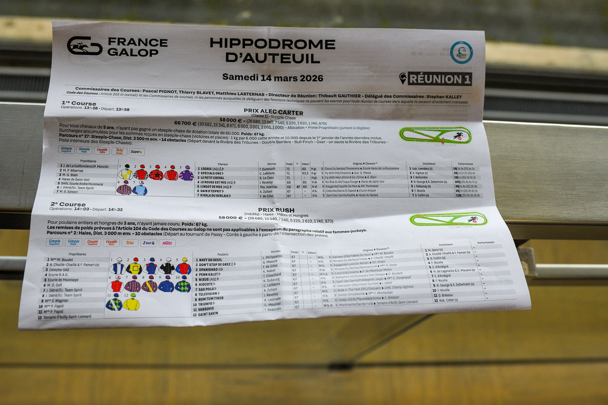 Official horse racing program at Hippodrome d’Auteuil in Paris