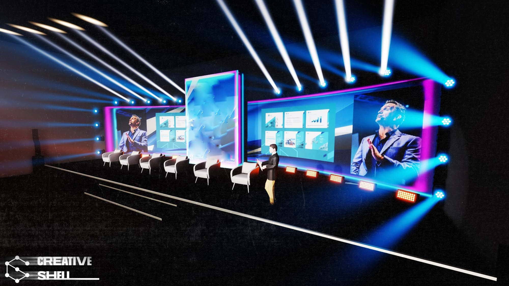 3D-дизайн сцен и декораций в Capture. В модель интегрировано всё оборудование, которое будет использоваться на мероприятии, включая световые приборы, экраны, сцены и декорации. Предоставляем заказчику готовые рендеры и схемы в необходимом формате.