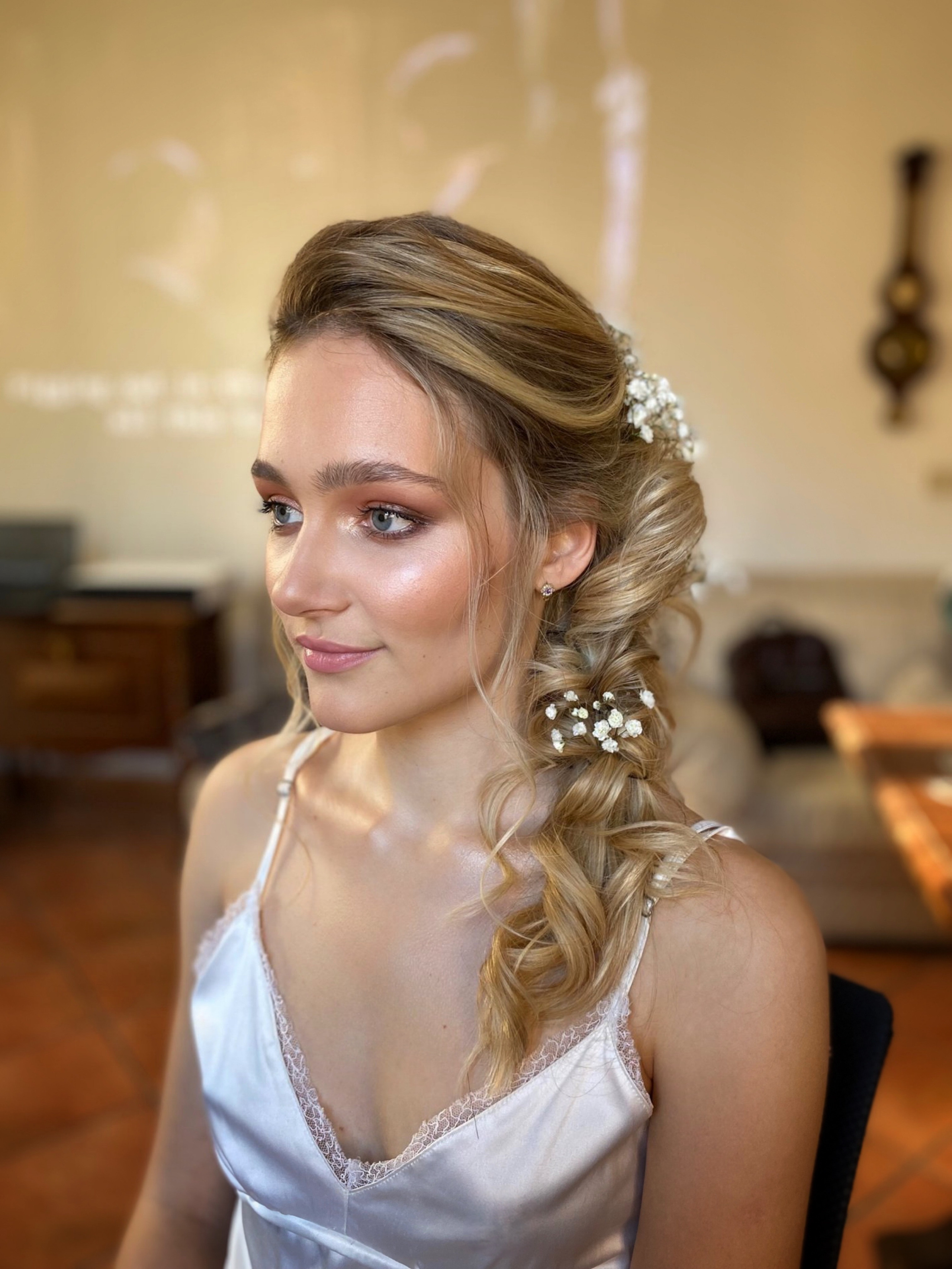 Braided Updo for Blonde Hair with real white flowers