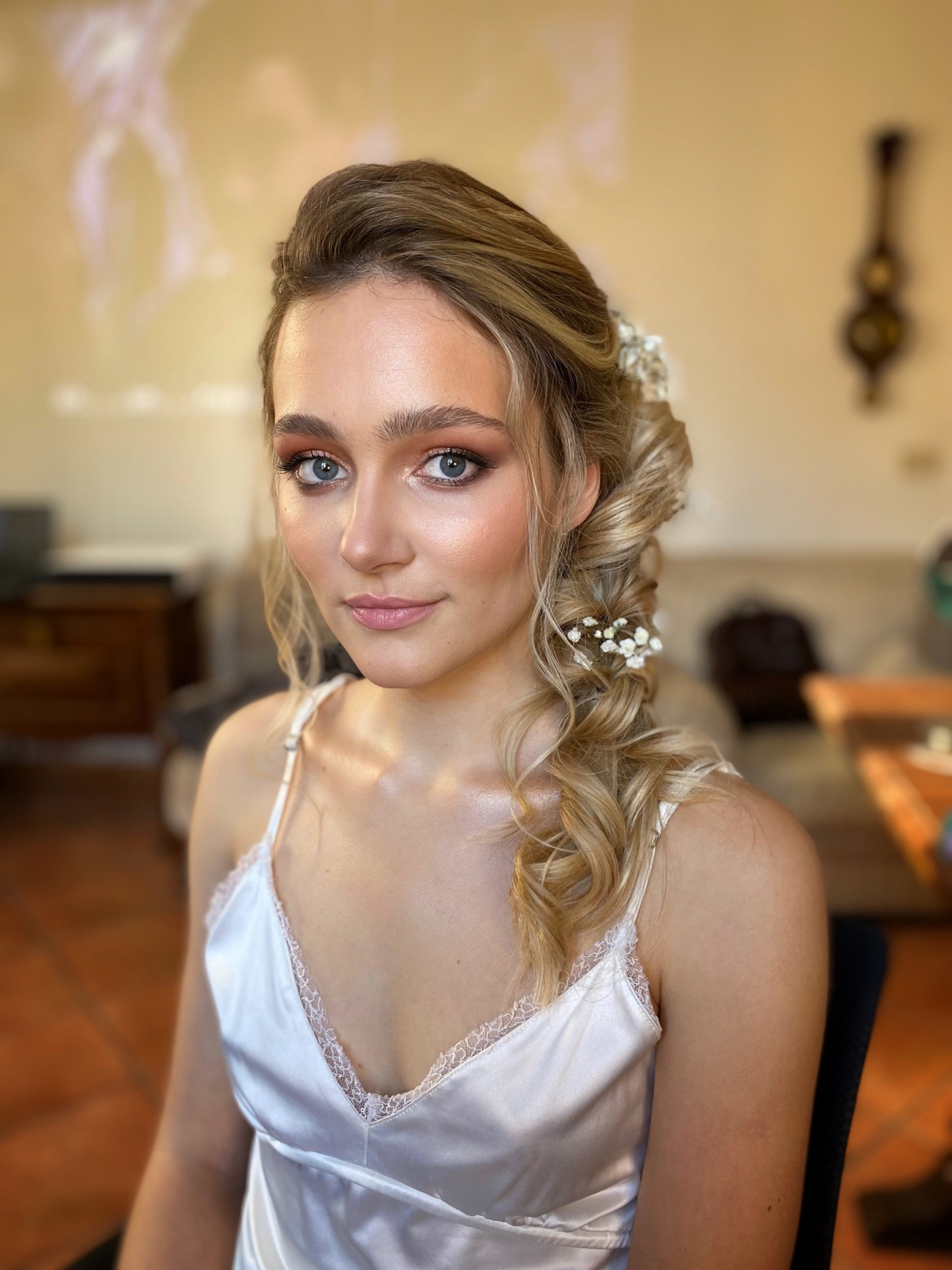 Braided Updo for Blonde Hair with real white flowers