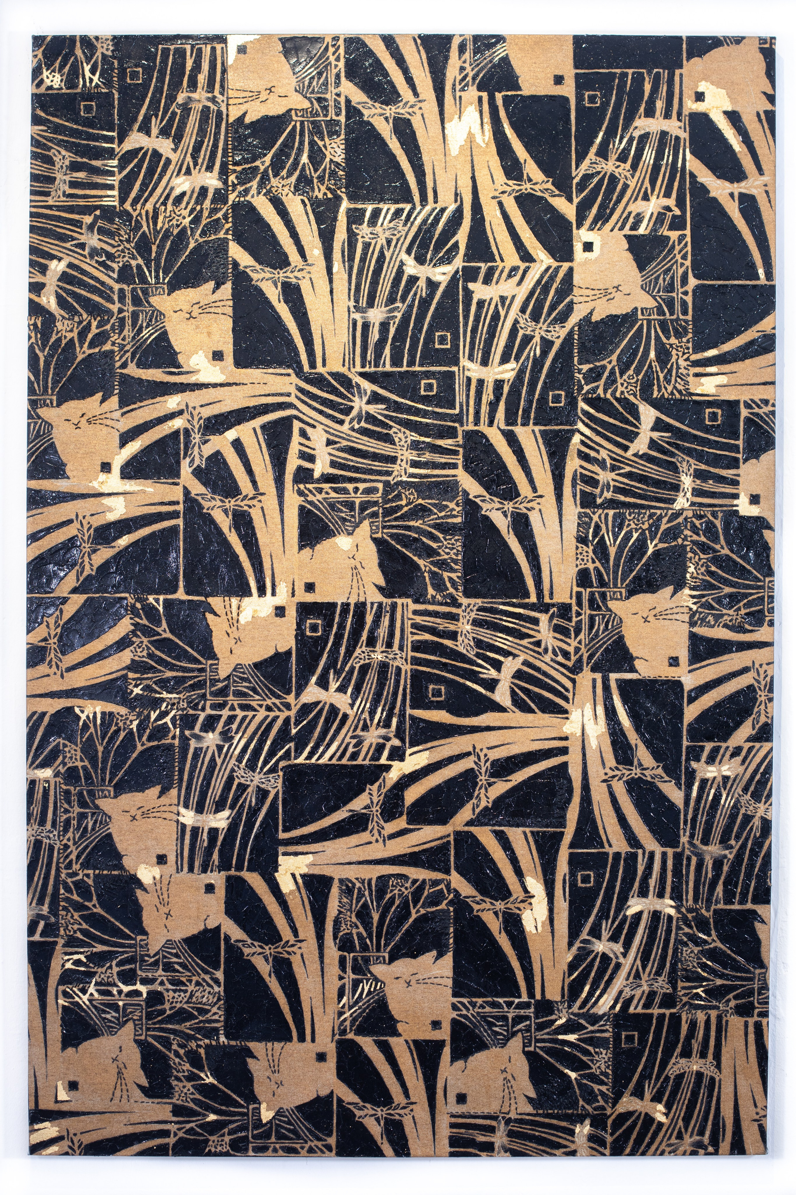 “Cats and Dragonflies” Gold/Black. Mixed media. Print on canvas, embroidery on canvas, oil on canvas 90×136 cm. Nadia Kuprina. Artist