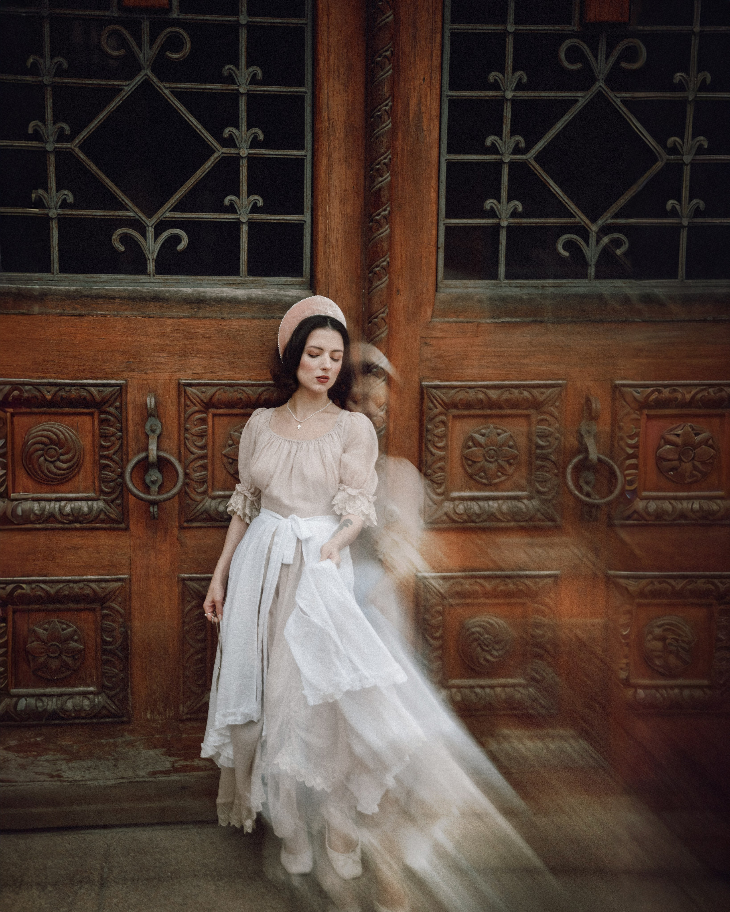 Slavic folklore shoot in traditional headwear and white dress. Moth & Moss Photography
