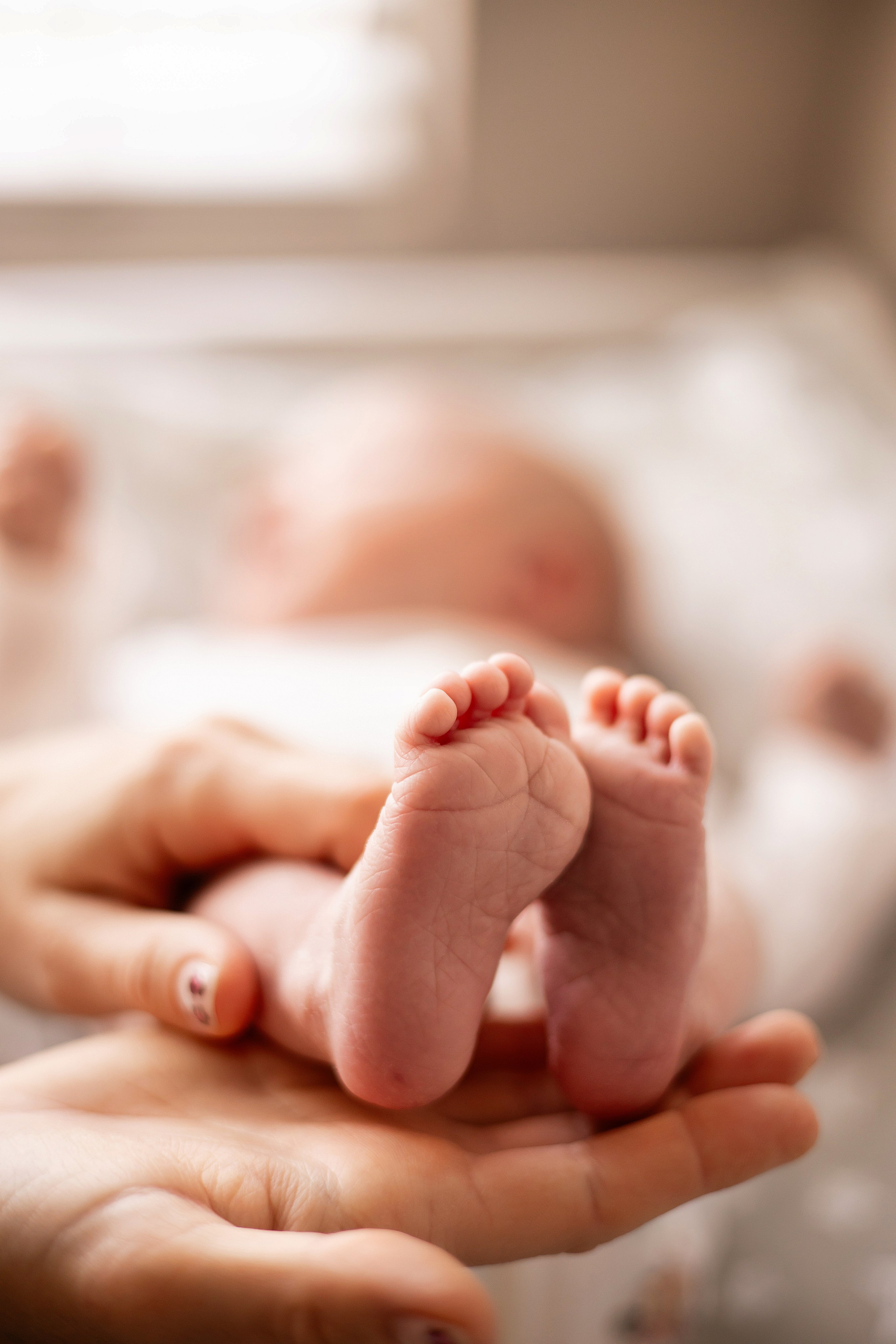 Parents holding newborn's feet during a home photoshoot