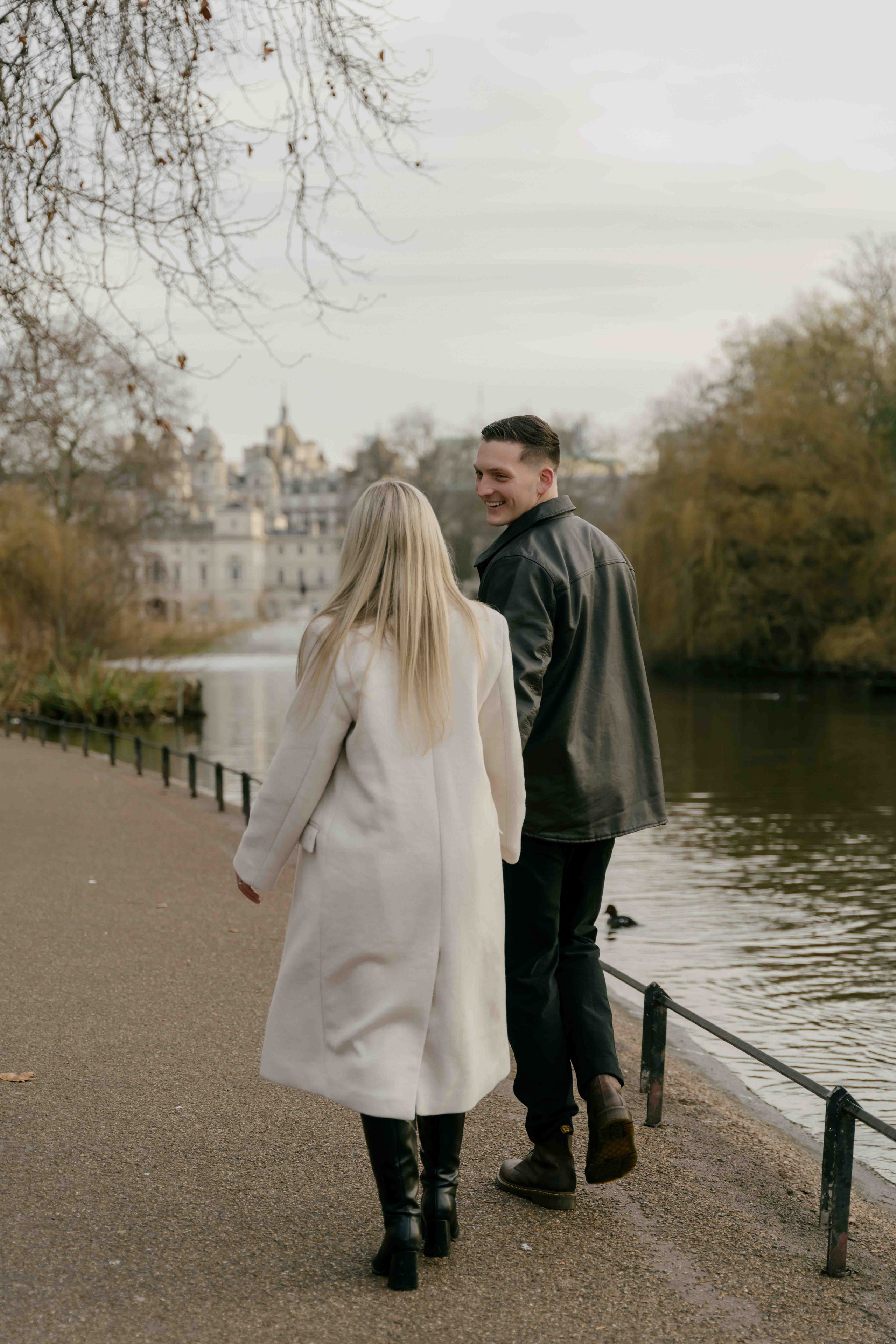Couple in St James’s Park London after proposal, morning engagement photos