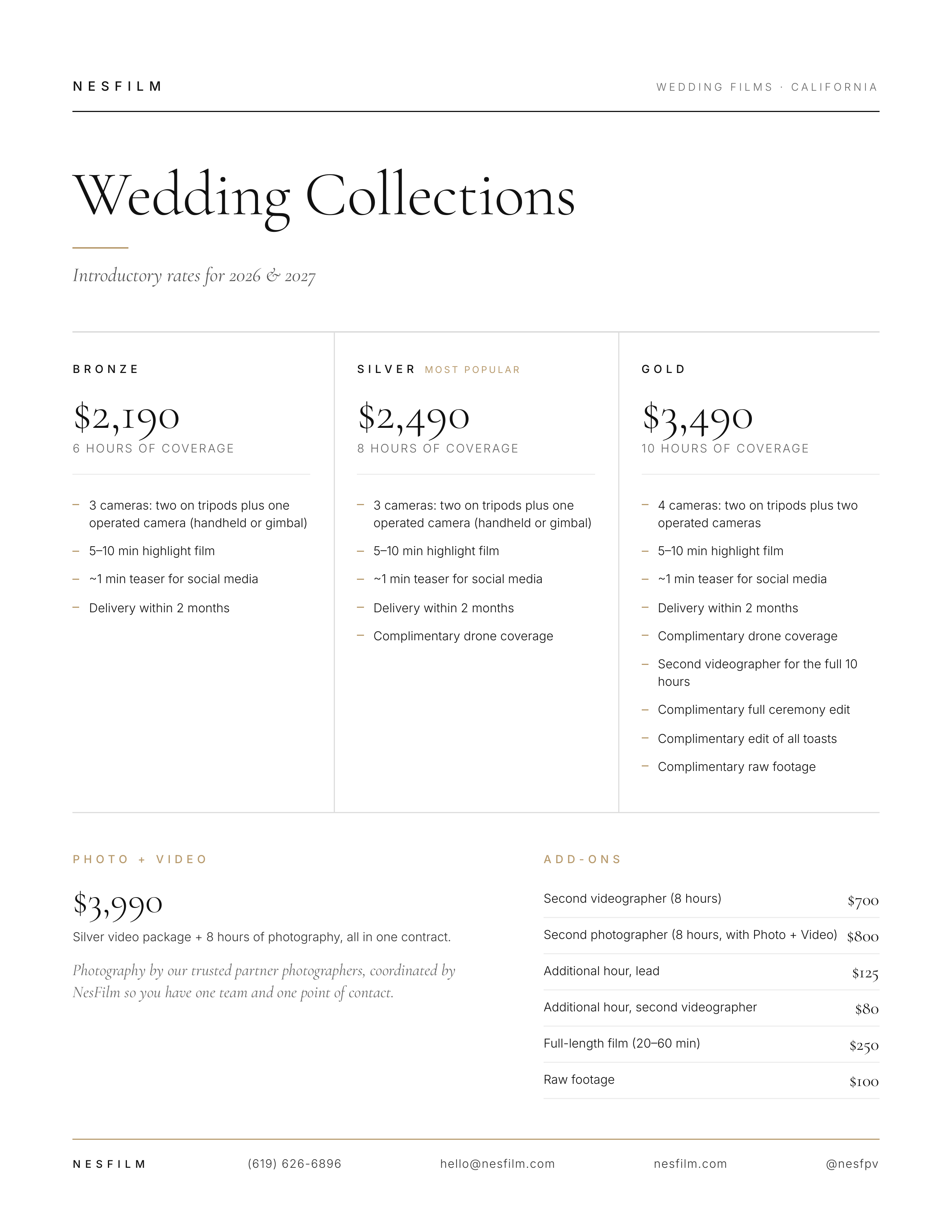 Pricing. Wedding Videographer in California