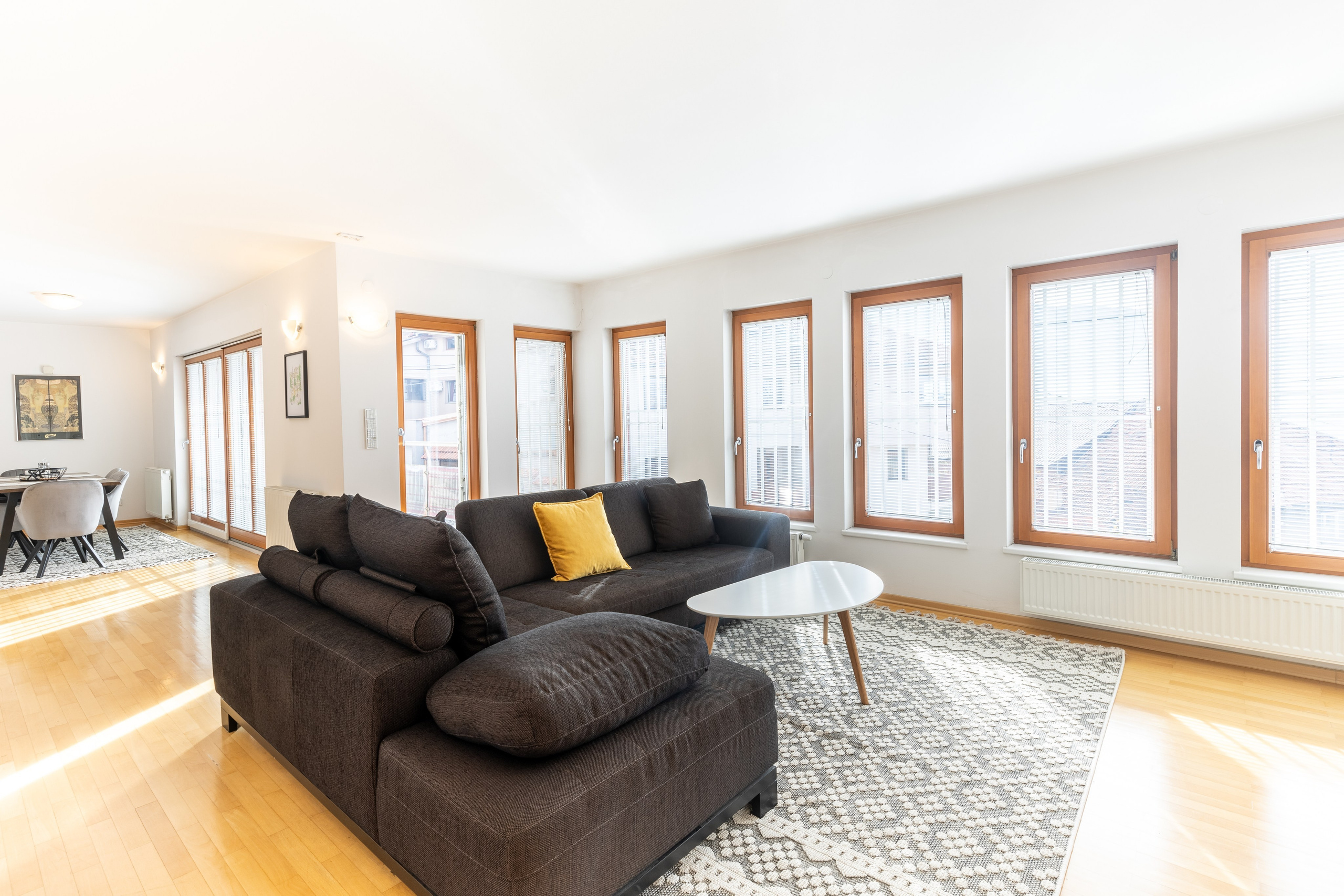 Bright living room with large windows in Sarajevo Old Town apartment captured through interior photography.