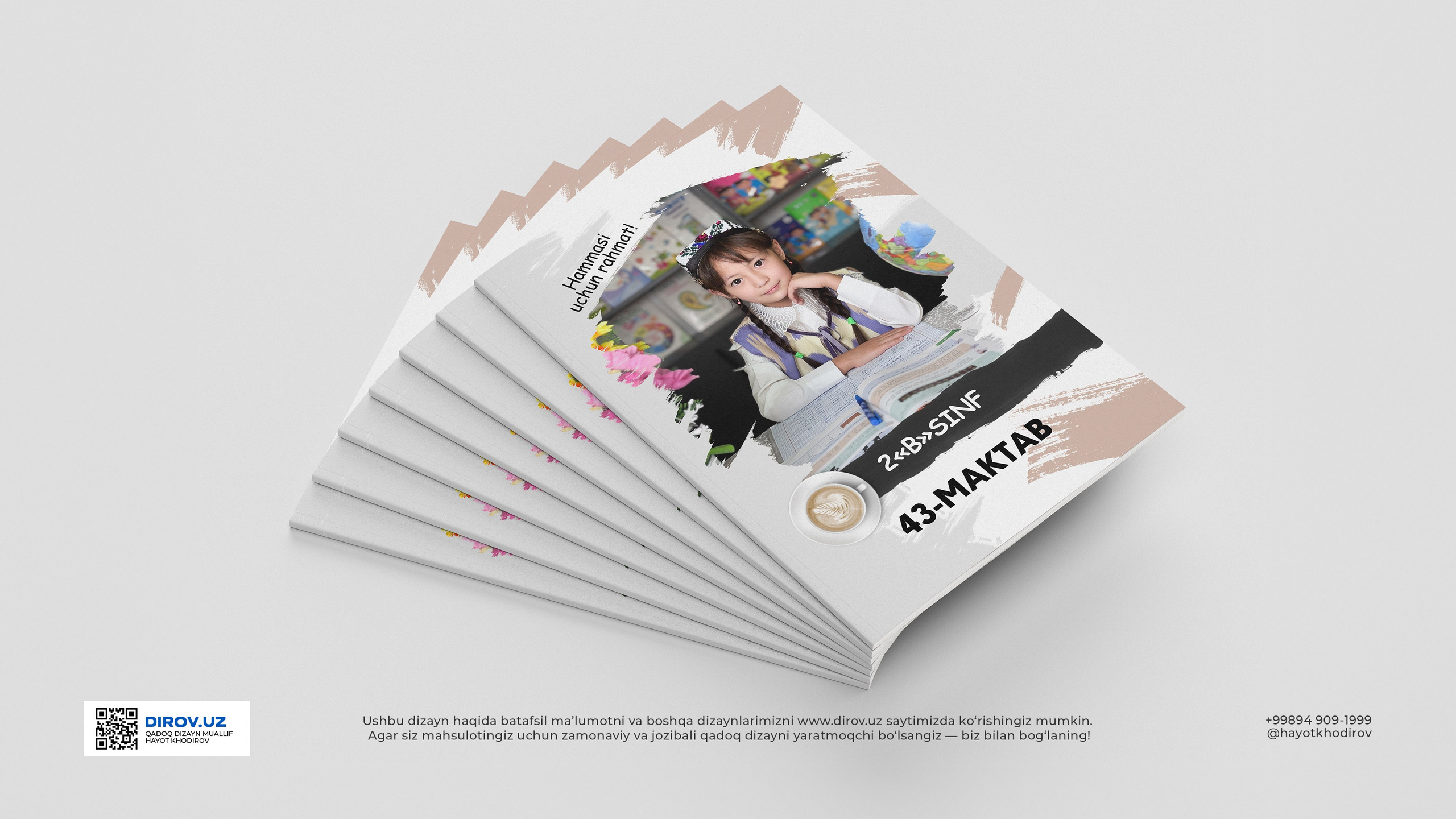 43-maktab 2-“B” sinf o‘quvchilari uchun tayyorlangan esdalik vinetka dizayni. Dirov Studio tomonidan yaratilgan ushbu dizayn bolalik xotiralarini zamonaviy va badiiy uslubda abadiylashtiradi. 