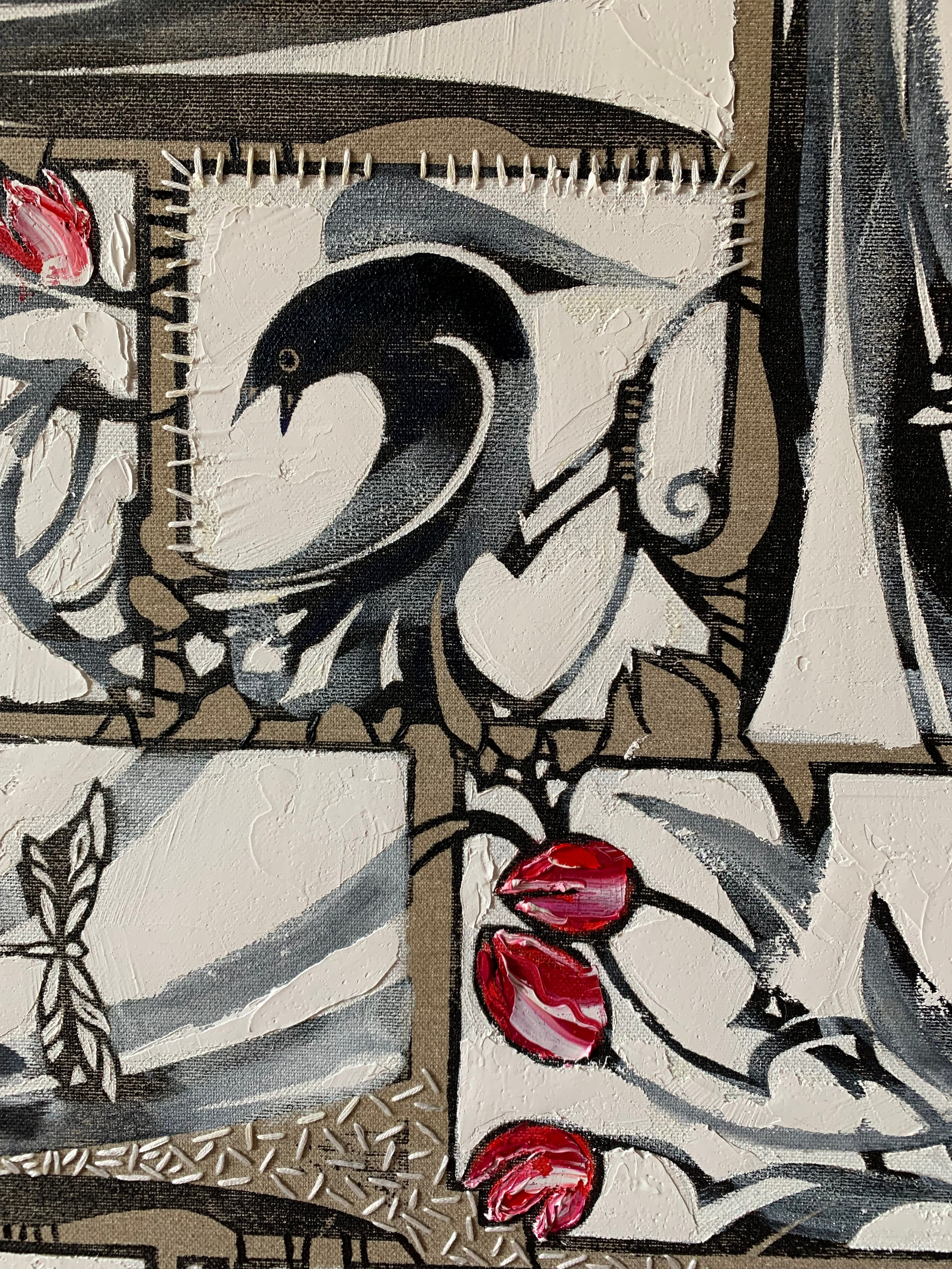 Opera di grande formato “Merli e Tulipani”, 90×130 cm, tecnica mista complessa su tela con linoleografia, ricamo e olio materico, pattern decorativo riconoscibile, forte identità visiva, lavoro adatto a collezione e investimento.