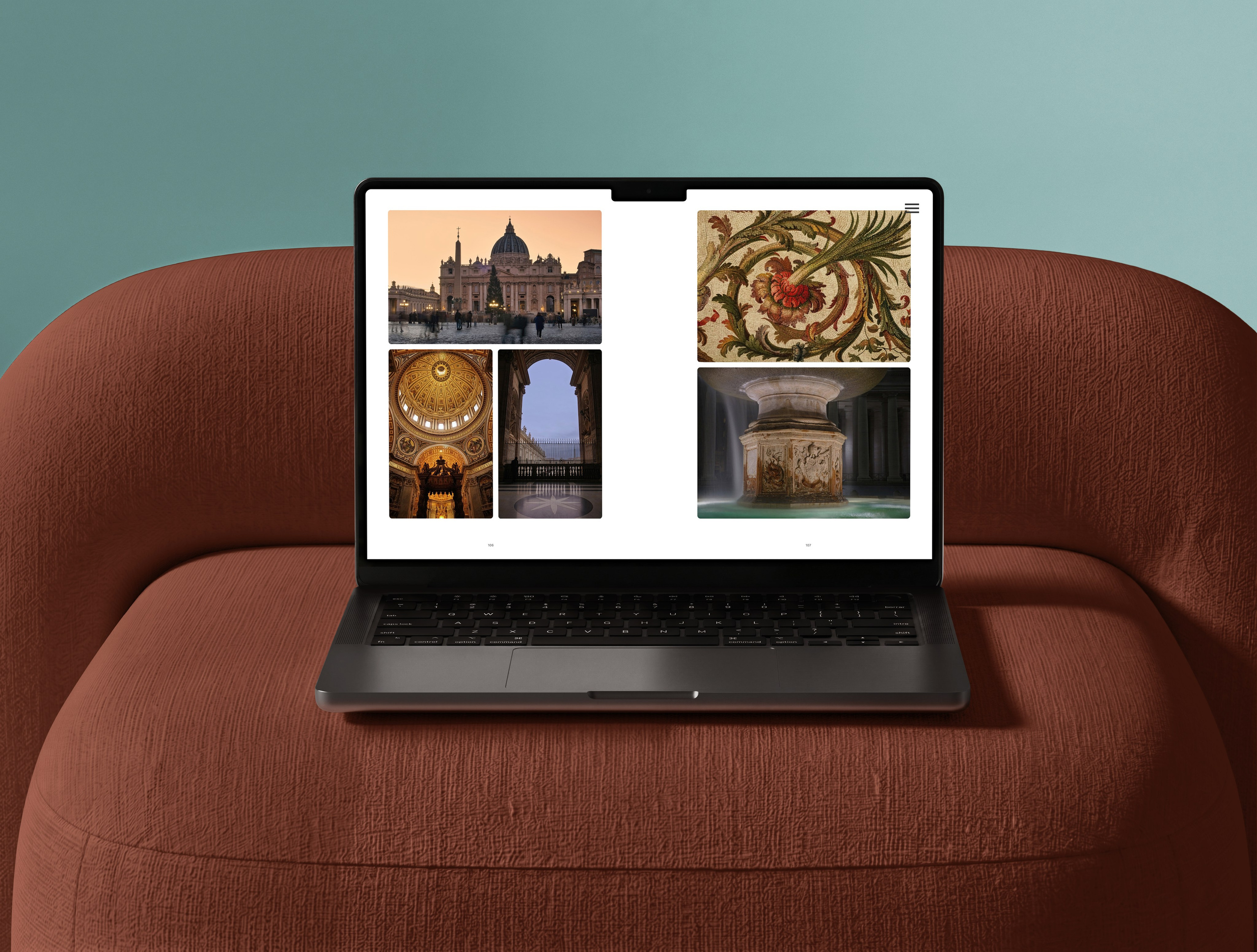 Rome, Italy – Photography Book – Rome — When Light Shapes Form – Digital photography book displayed on a MacBook, featuring original photographs of Rome across a two-page layout – Eduardo Bartoli Photography