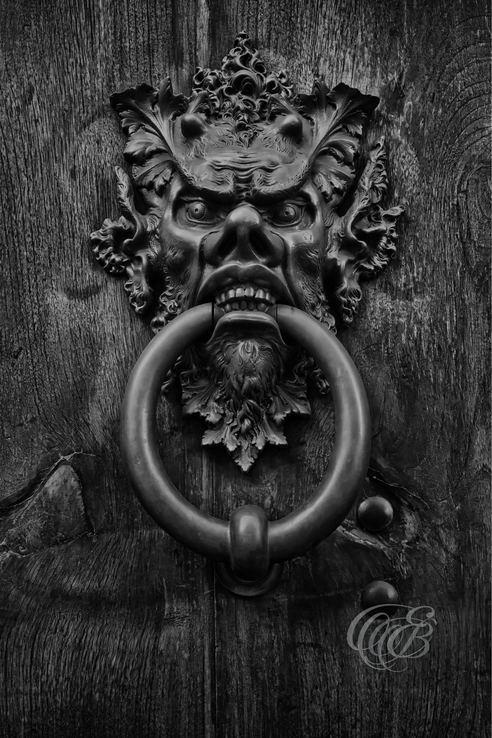 Florence Italy - Bronze Door Knocker - B&W - Eduardo Bartoli Fine Art Photography - Black-and-white photograph of a devilish bronze door knocker in Florence, Italy – fine art photography by Eduardo Bartoli.