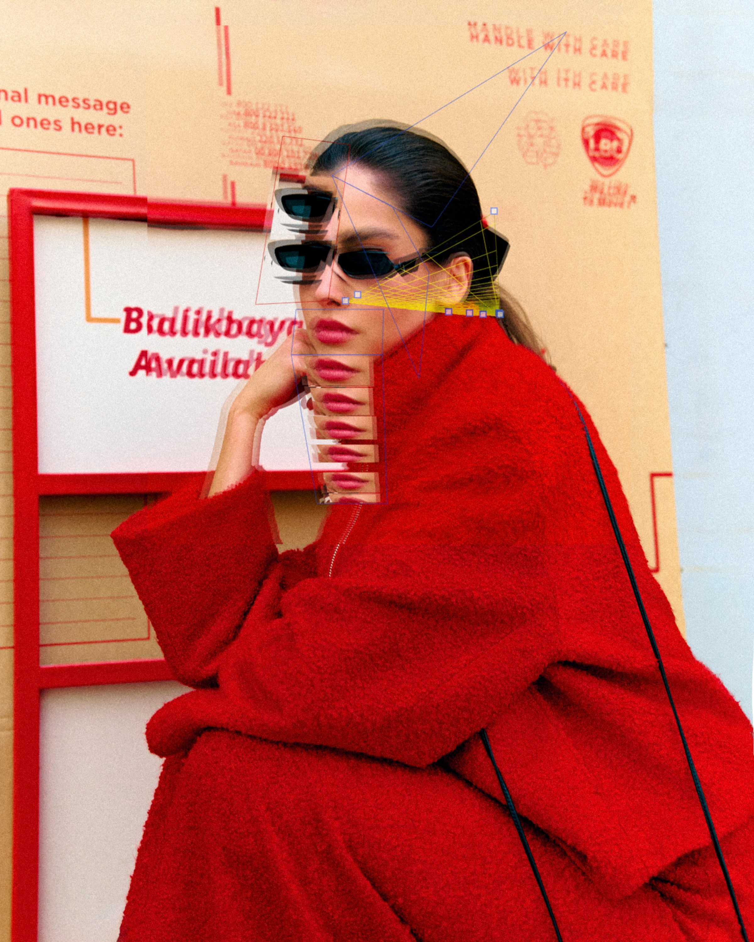 Woman in red coat sitting near urban wall, confident look