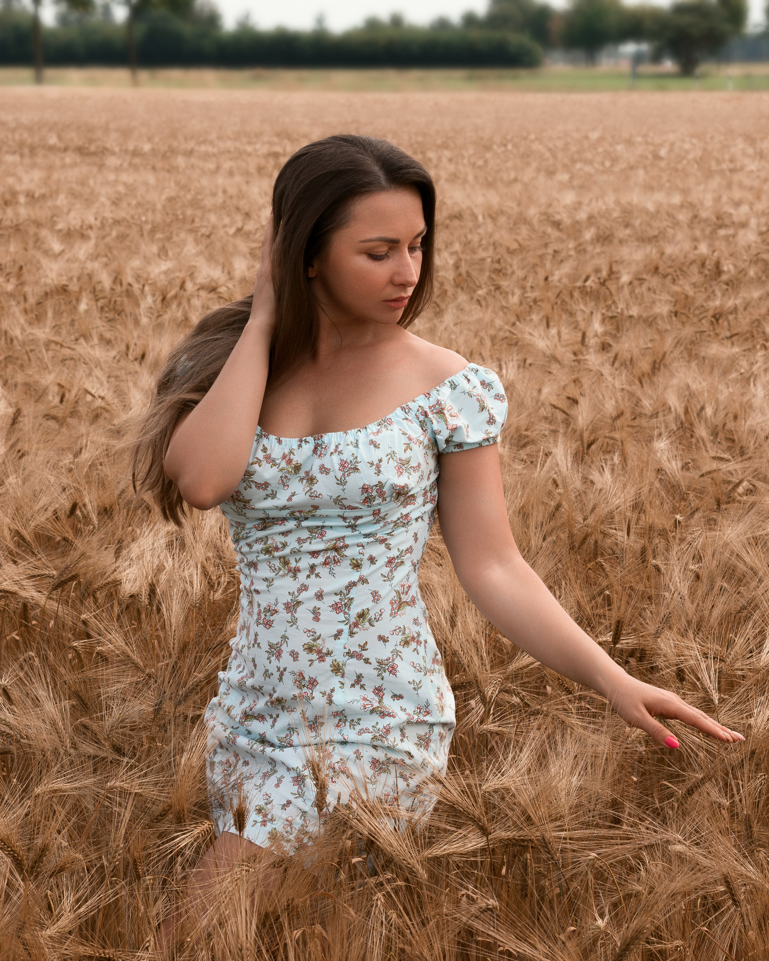 Natürliche Schönheit im Weizenfeld – Frau in zartem blauen Kleid