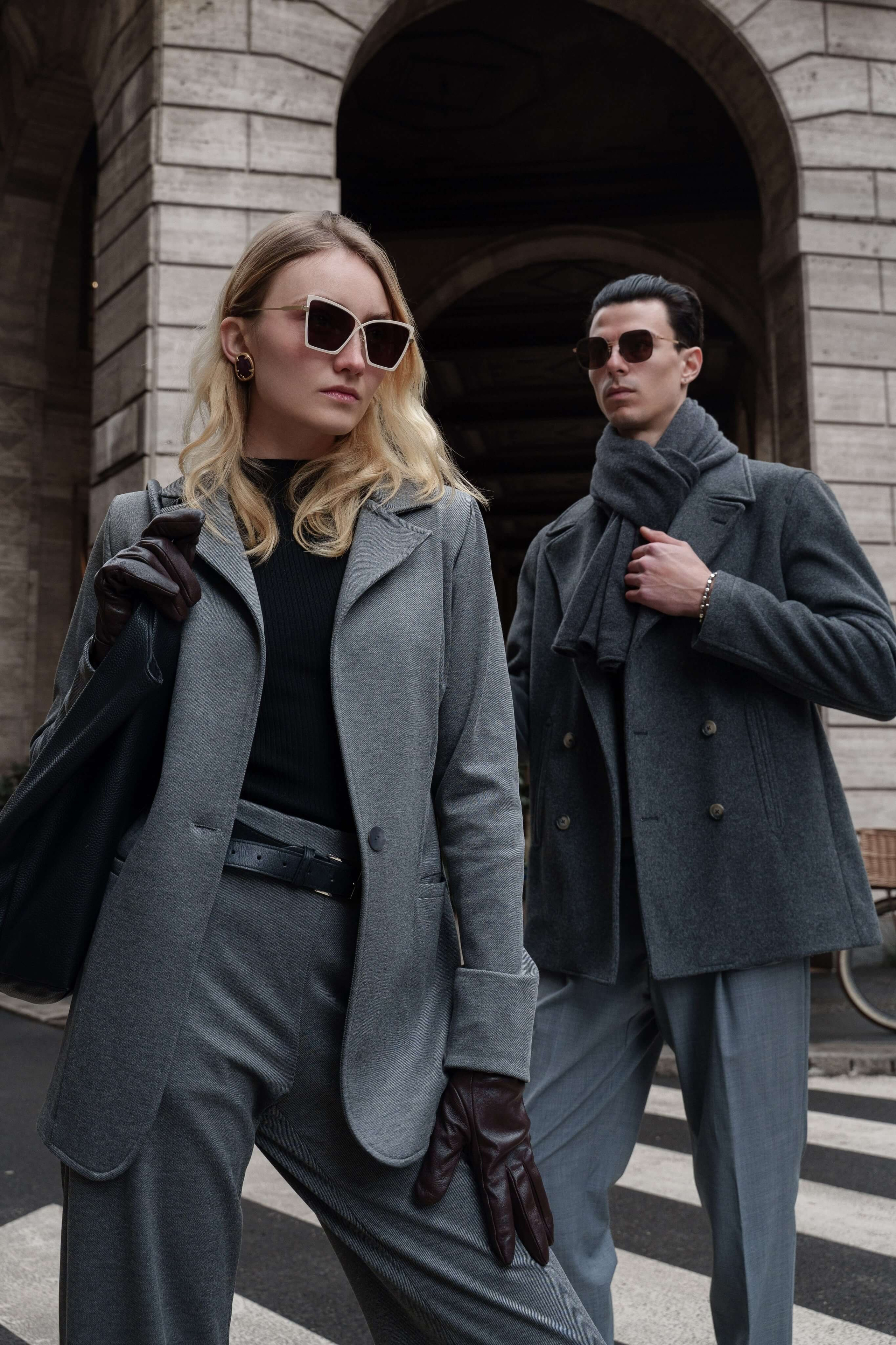Fashion photographer Milan – duo portrait in grey suits and sunglasses for eyewear campaign