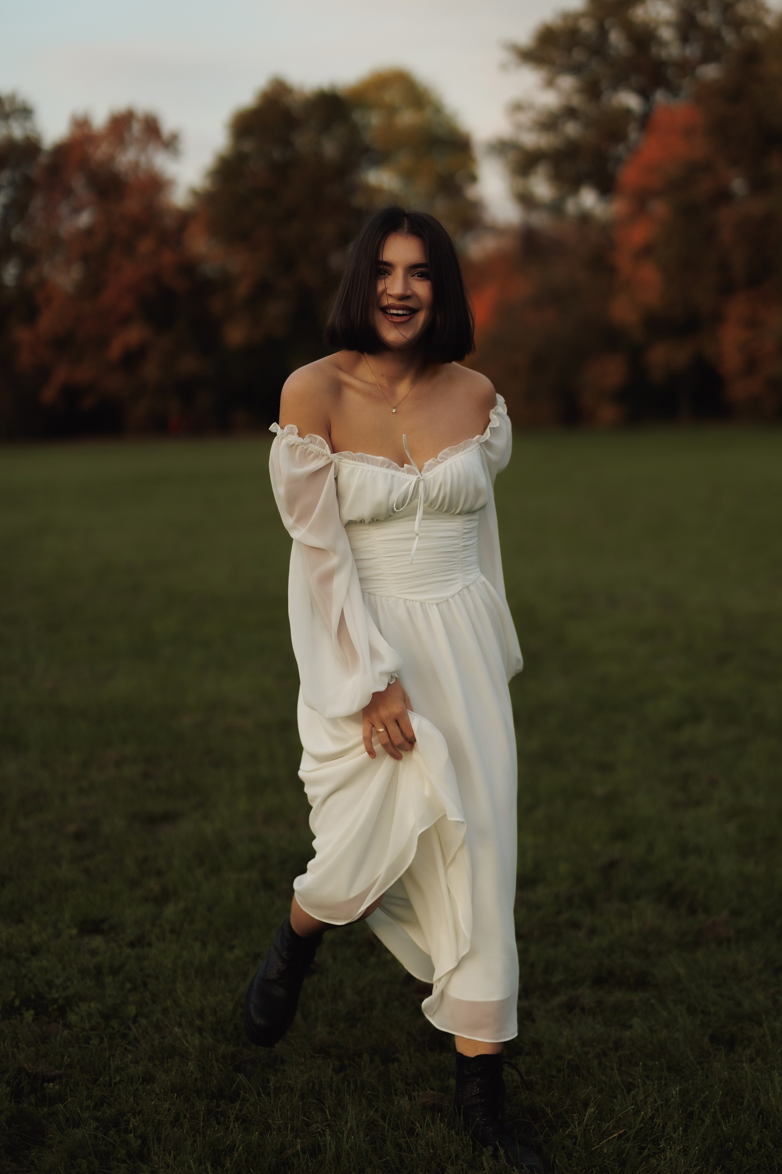 Autumn Park Photoshoot | Woman in White Dress. Cinematic&Elegant Portraits by Kristina Kozheltsova. Kristina Kozheltsova- Soulful Portrait&Lifestyle&Love Story Photographer in Leipzig, Germany