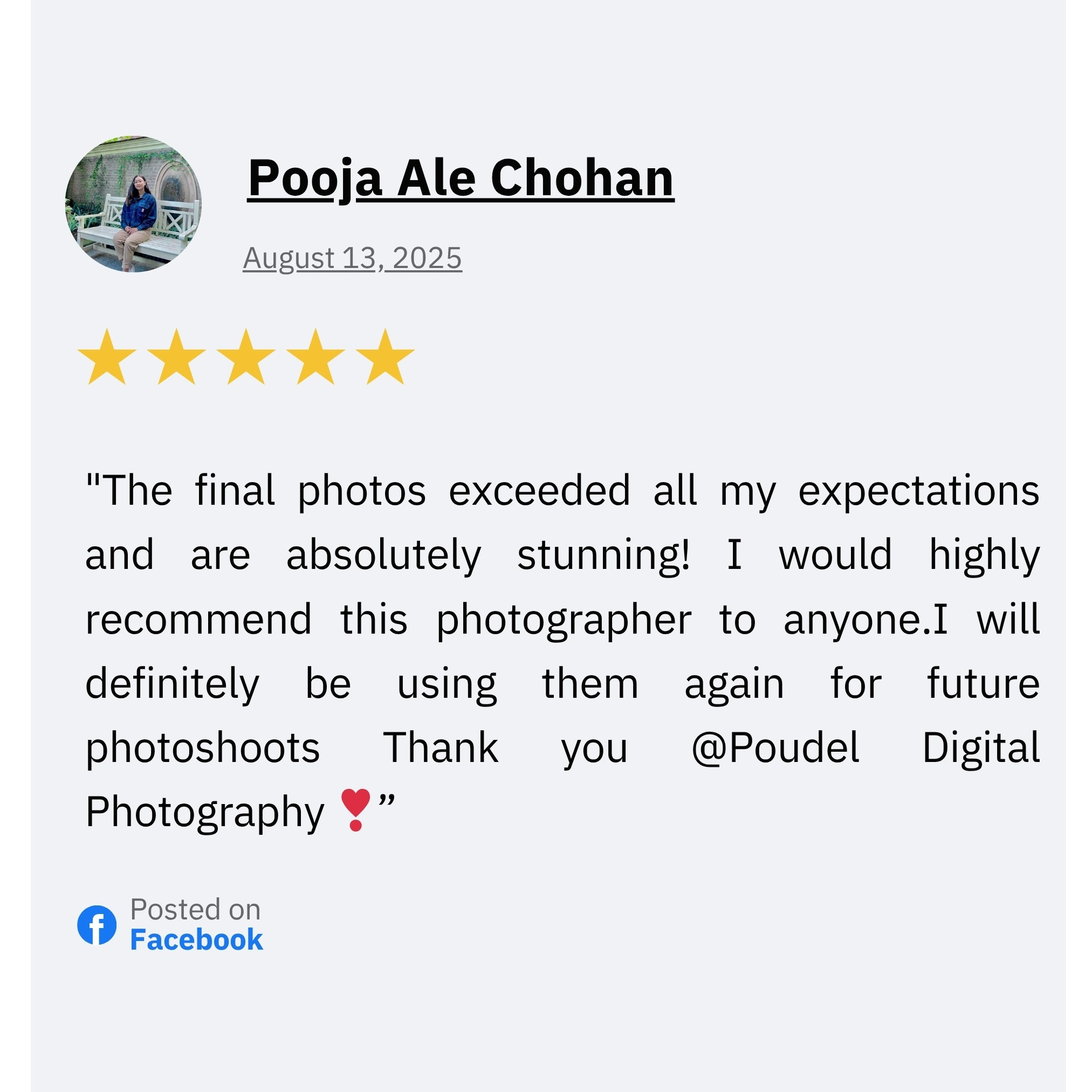 Positive client feedback screenshot for Poudel Digital photography and team