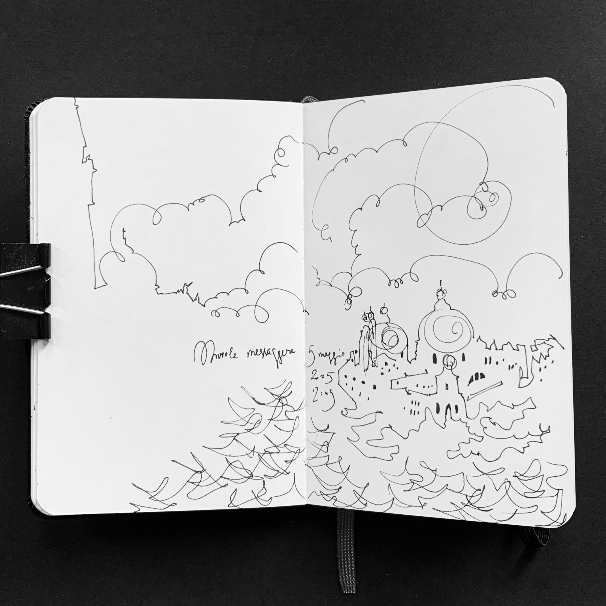 Moleskine notebook with original drawings made in Venice, works on paper by Nadia Kuprina, contemporary artist living and working in Venice. A light and transparent black and white drawing with windy and cloudy view.