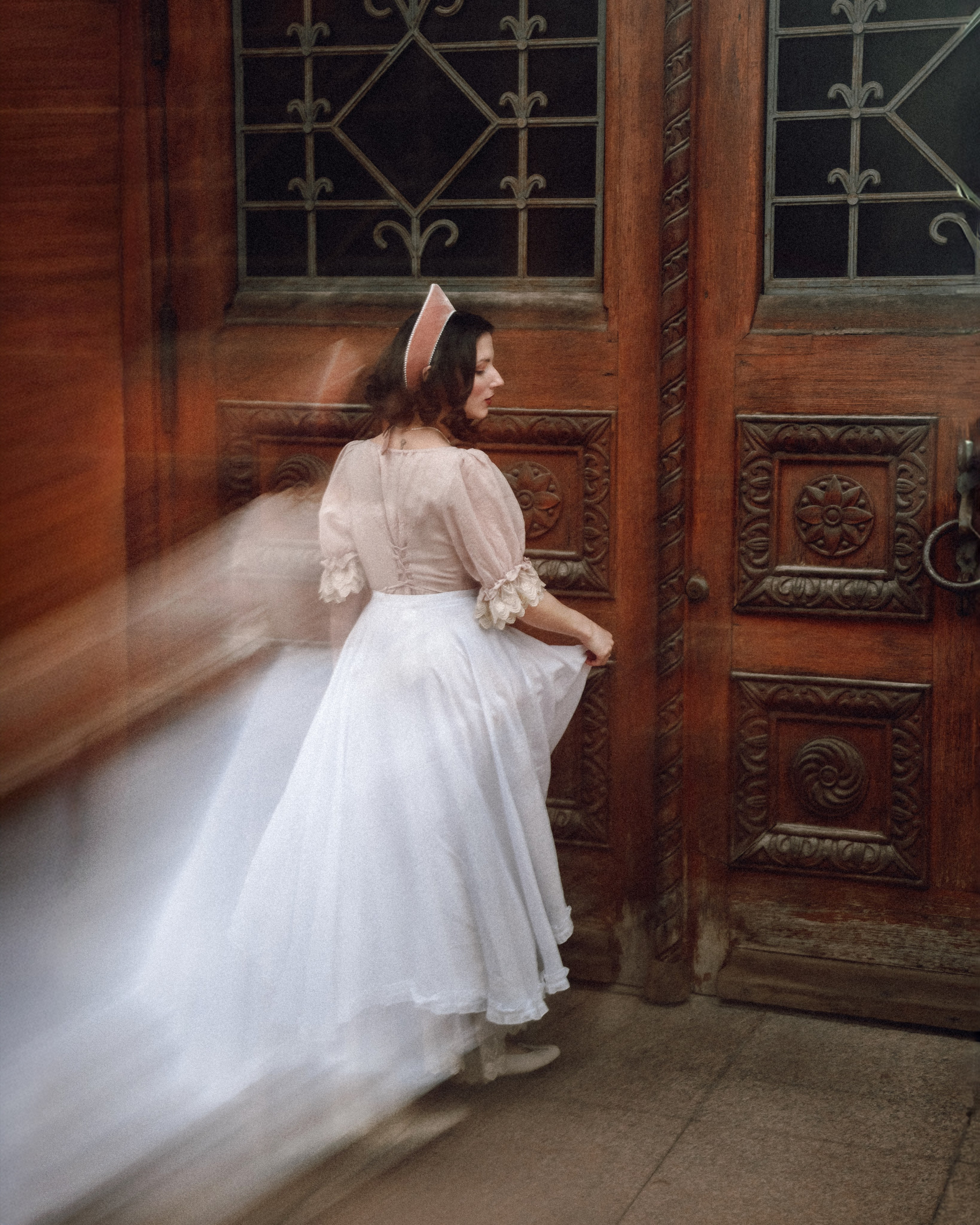 Slavic folklore shoot in traditional headwear and white dress. Moth & Moss Photography
