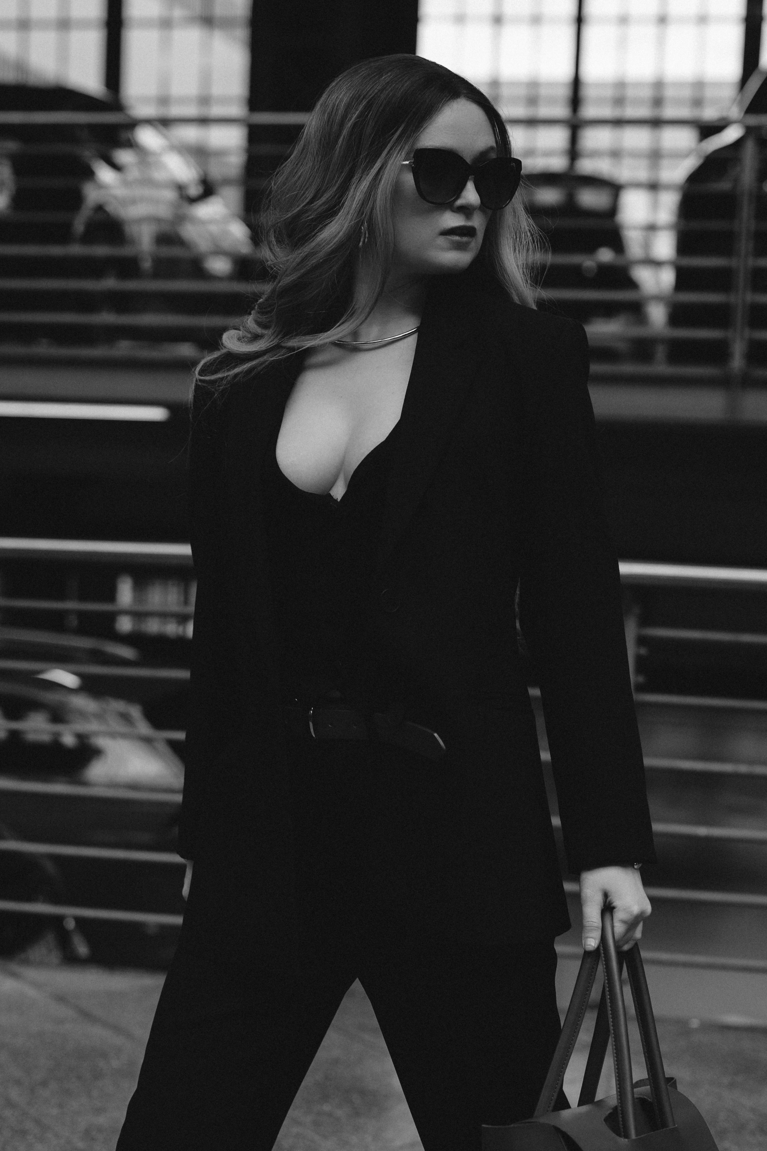 Black&White city walk. Woman in Heels&Black suit. Cinematic Portrait Photography. Kristina Kozheltsova- Soulful Portrait&Lifestyle&Love Story Photographer in Leipzig, Germany