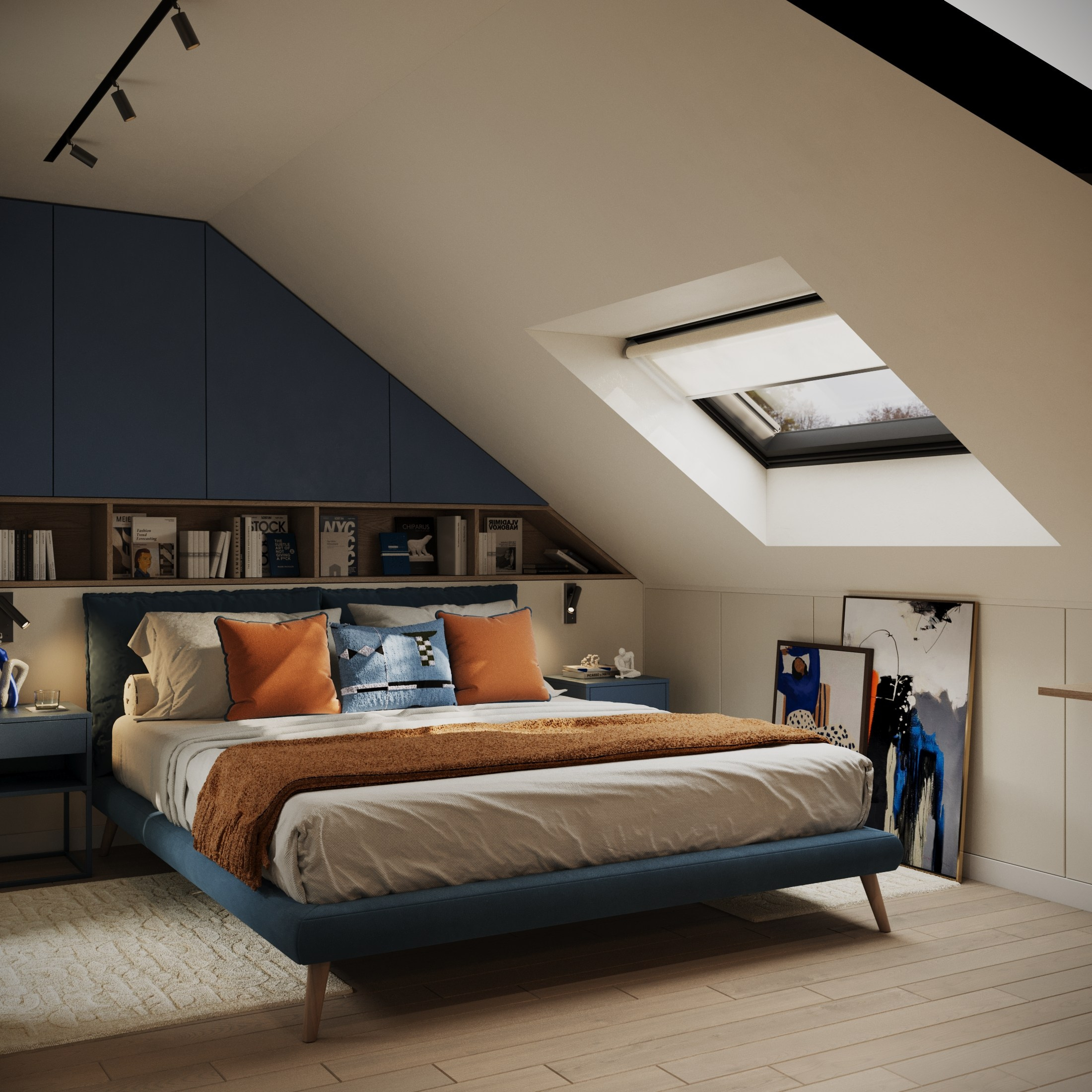 Attic room. Interior and object 3D visualization