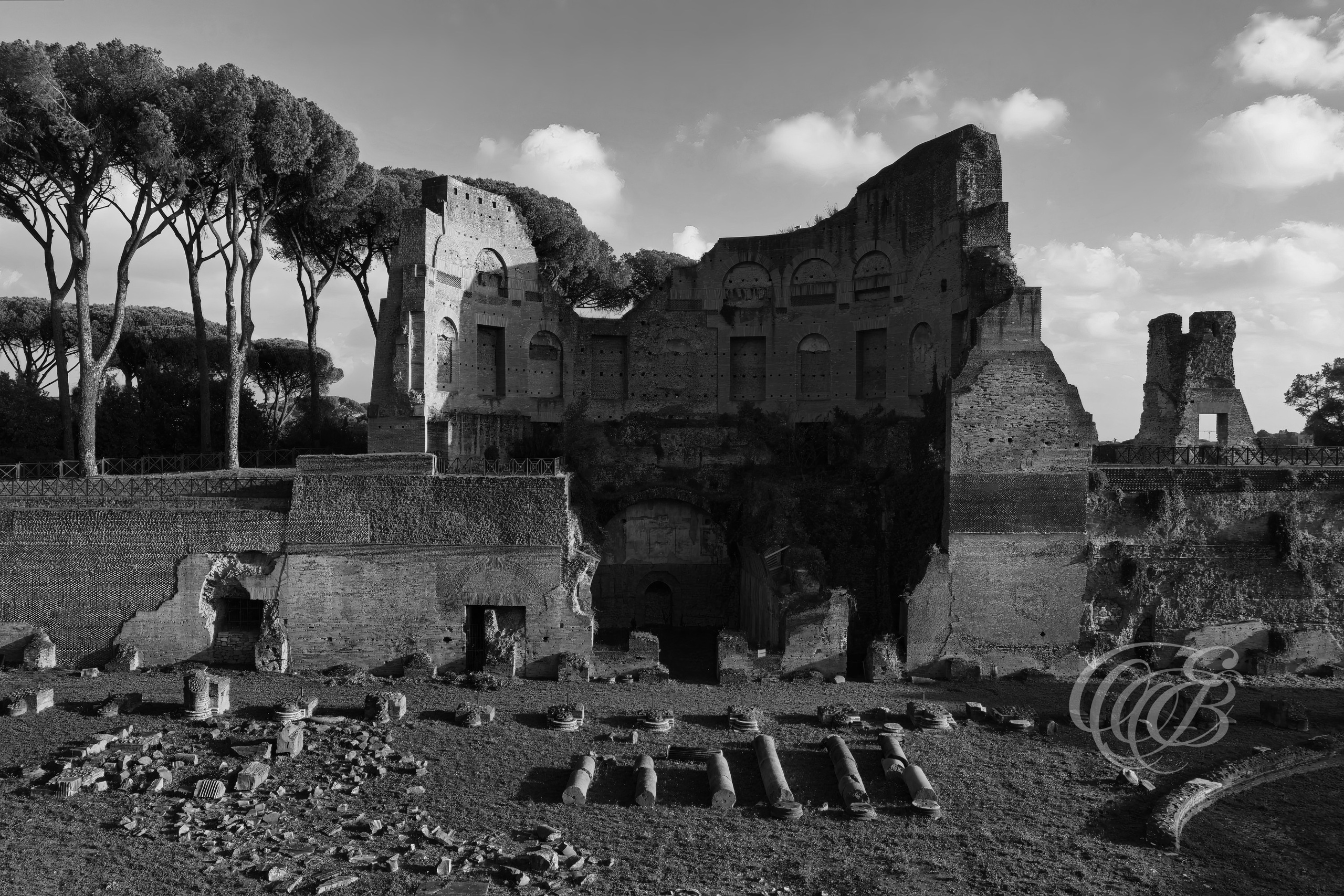 Rome Italy - Palatine Hill Sunset - Eduardo Bartoli Fine Art Photography - Black and white fine art photograph of Palatine Hill at sunset in Rome, Italy – photography by Eduardo Bartoli.