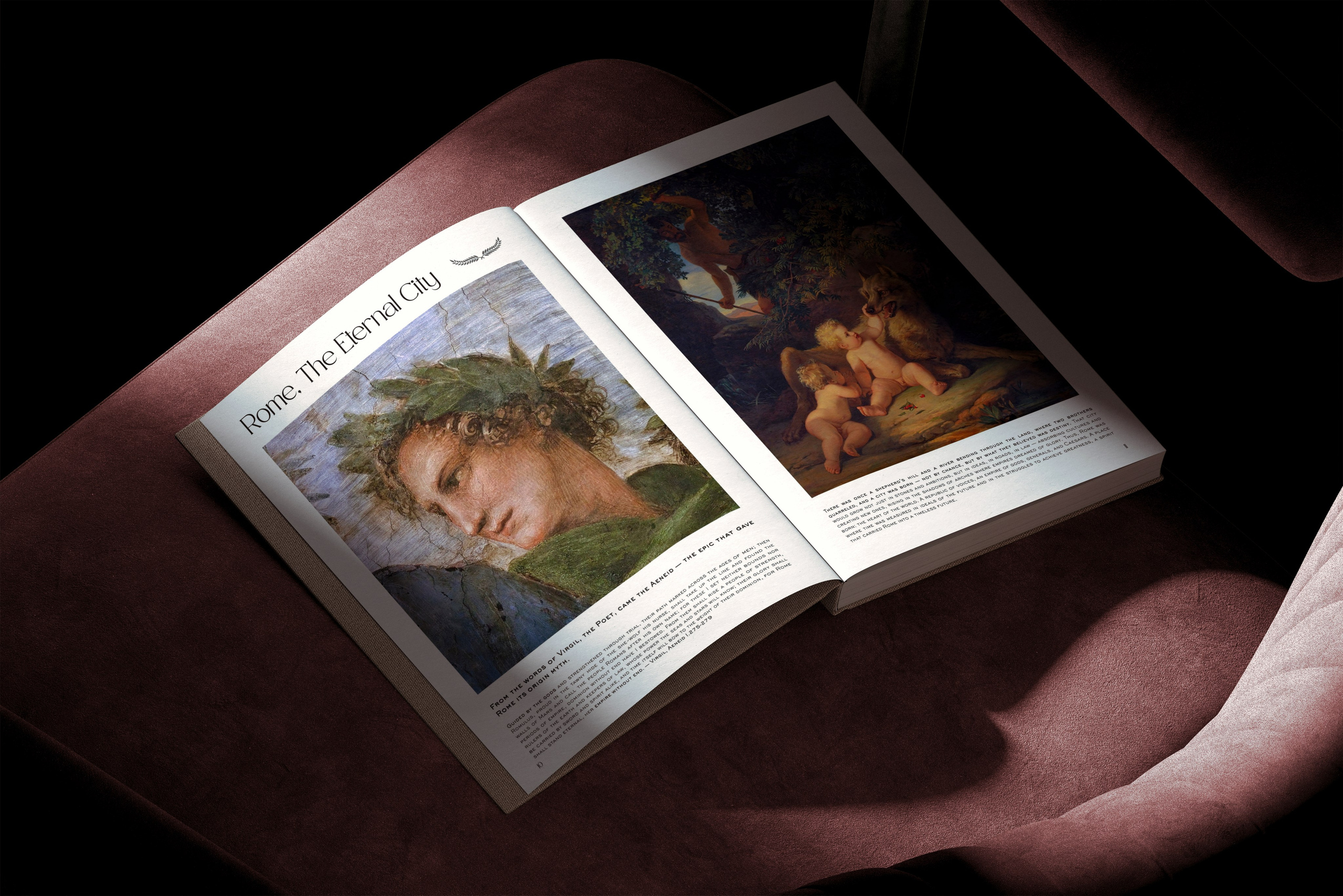 Rome, Italy – Photography Book – Rome — When Light Shapes Form – Open hardcover photography book displayed on a velvet chair, featuring original photography and historic paintings of Rome – Eduardo Bartoli Photography