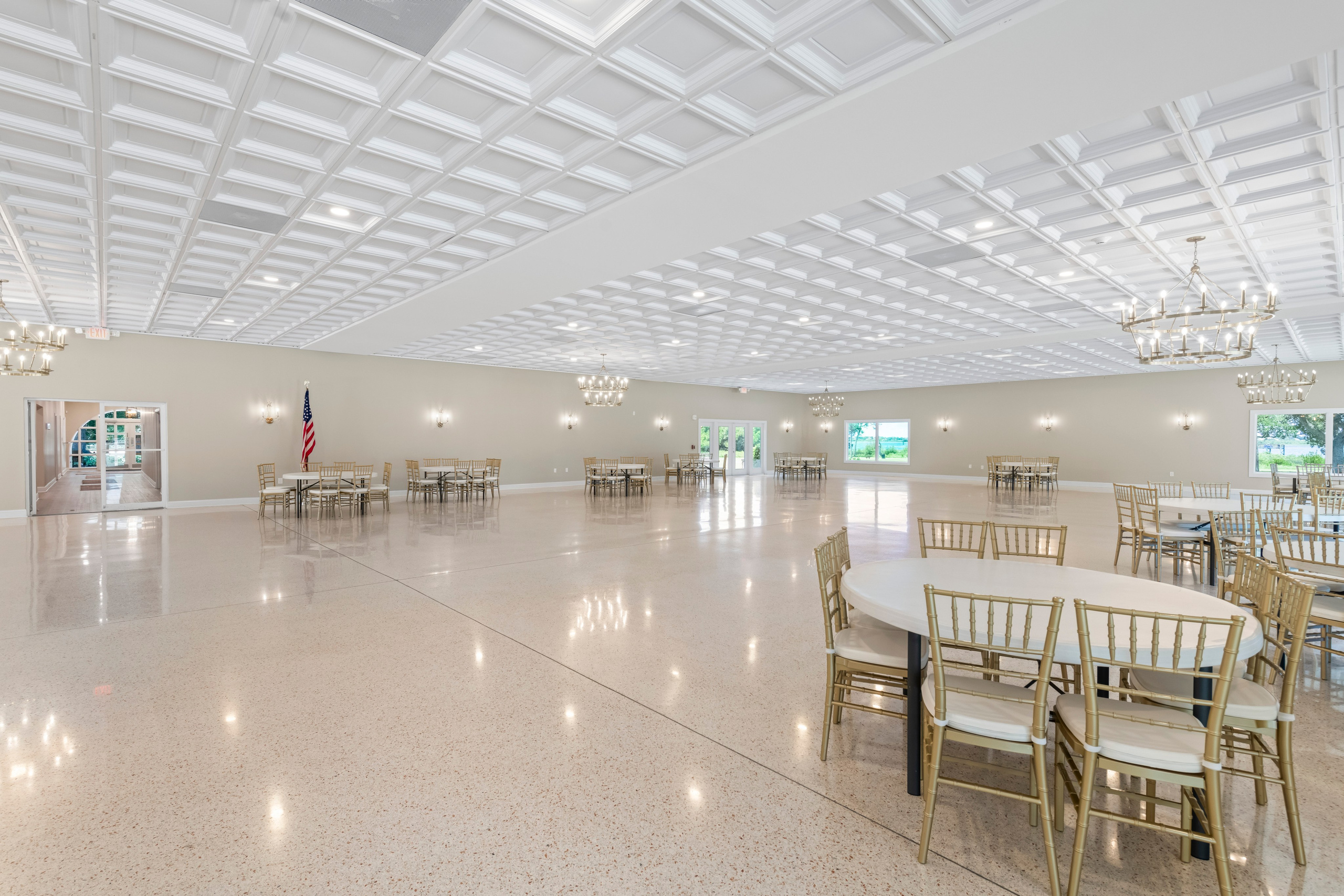 Bright clubhouse interior prepared for social or private gatherings