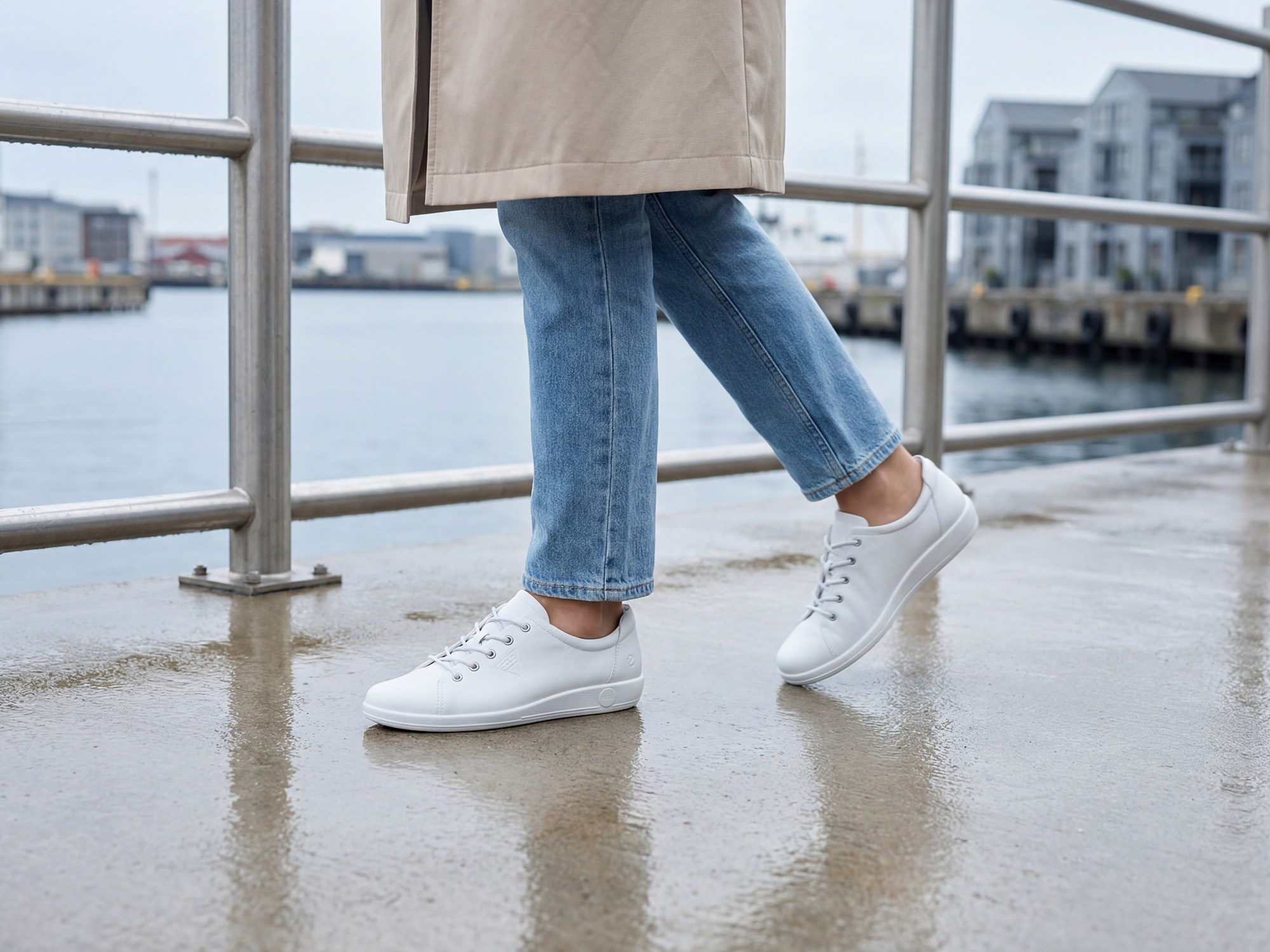 AI lifestyle visualization white sneakers city waterfront fashion photography