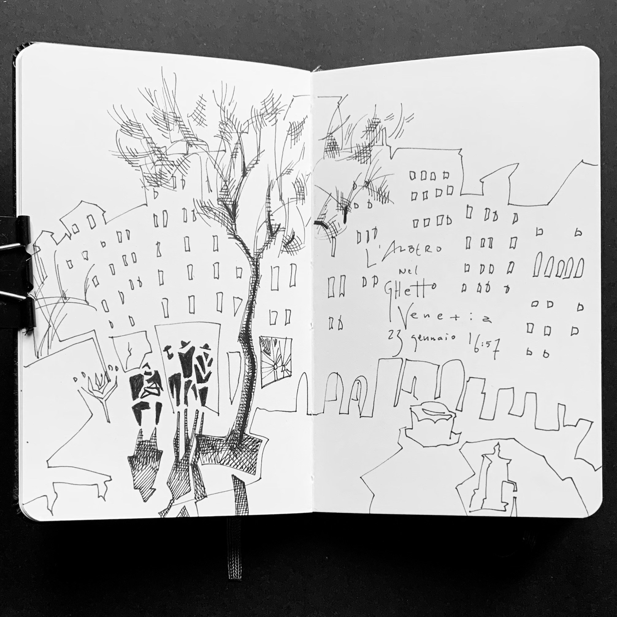 Moleskine notebook with hand-drawn sketches made in Venice, showcasing Nadia Kuprina’s exploration of drawing and the tactile experience of a personal sketchbook. Ghetto.