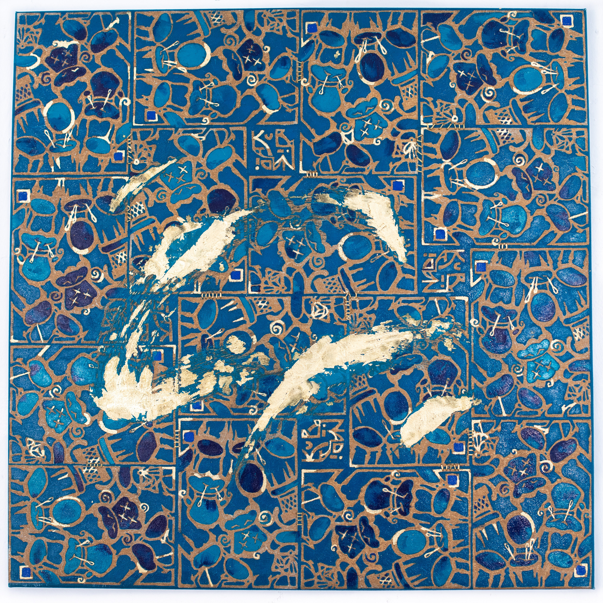 Opera su tela “Signore Poltrone” di Nadia Kuprina, tecnica mista complessa e altamente manuale, pattern astratti e ritmo visivo, blu e oro, lavoro esposto più volte in gallerie, forte valore di investimento nel contemporaneo.