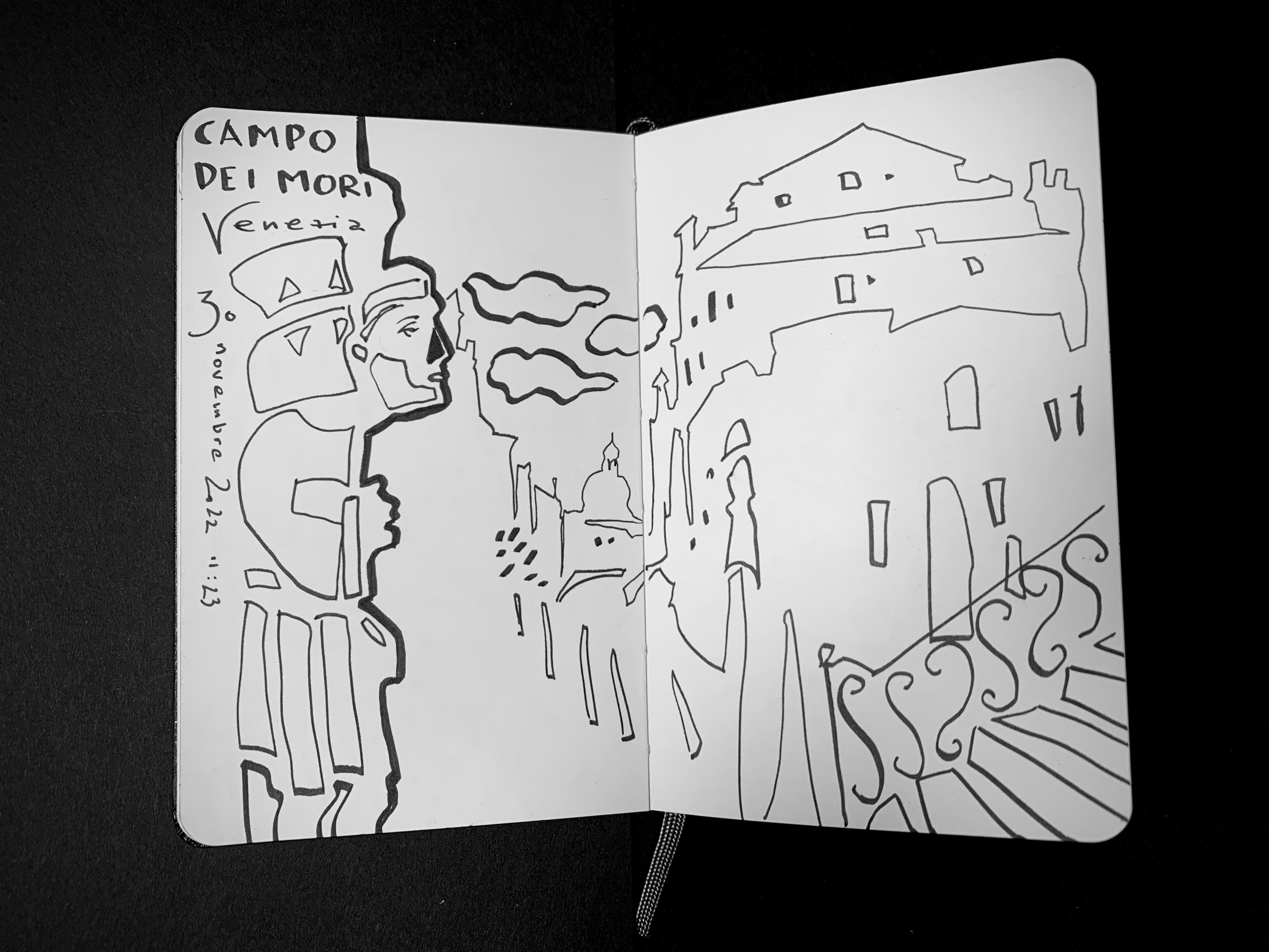 Moleskine notebook with original drawings made in Venice, works on paper developed as part of an artist’s editorial project. A strong black and white drawing of a Venetian corner with statue.