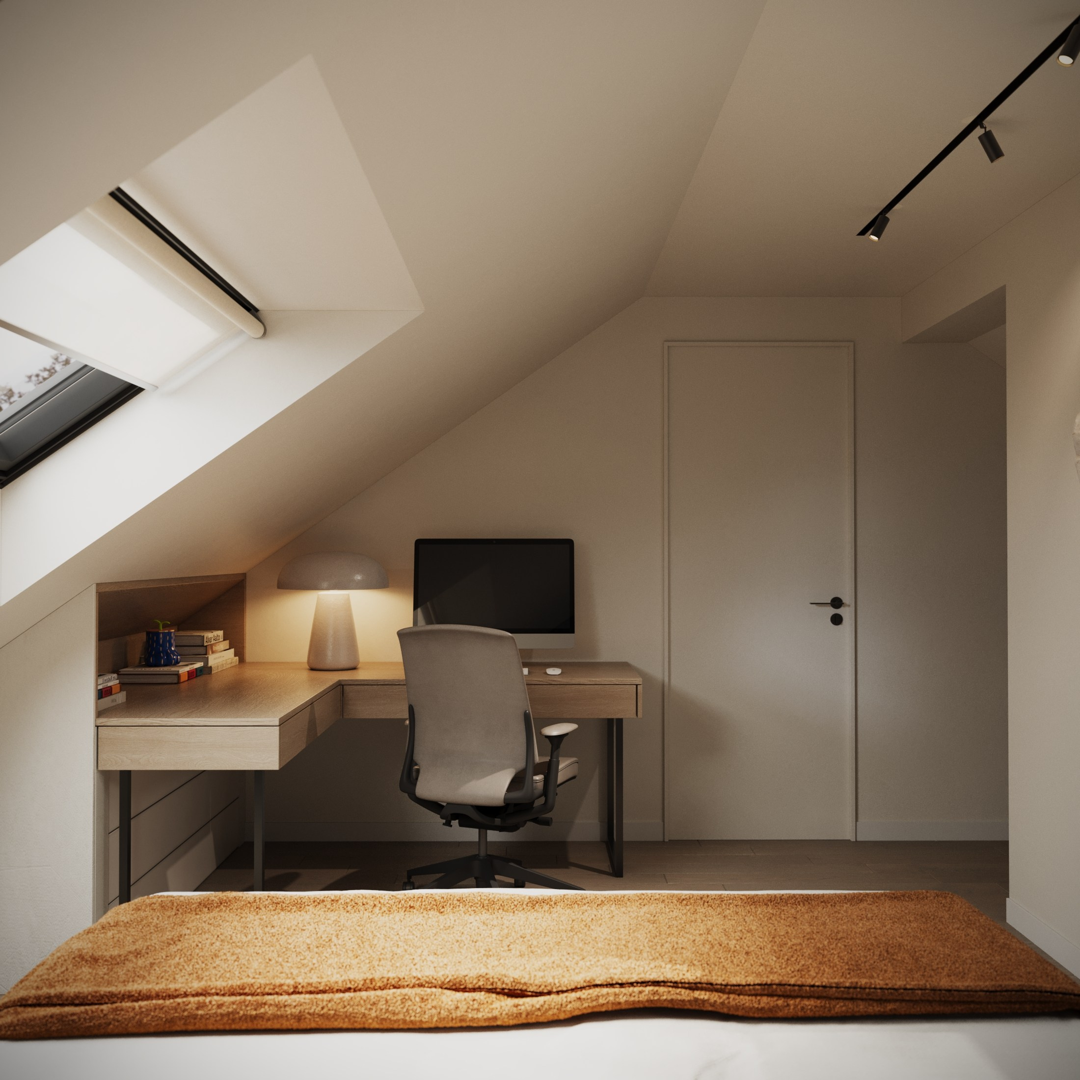 Attic room. Interior and object 3D visualization