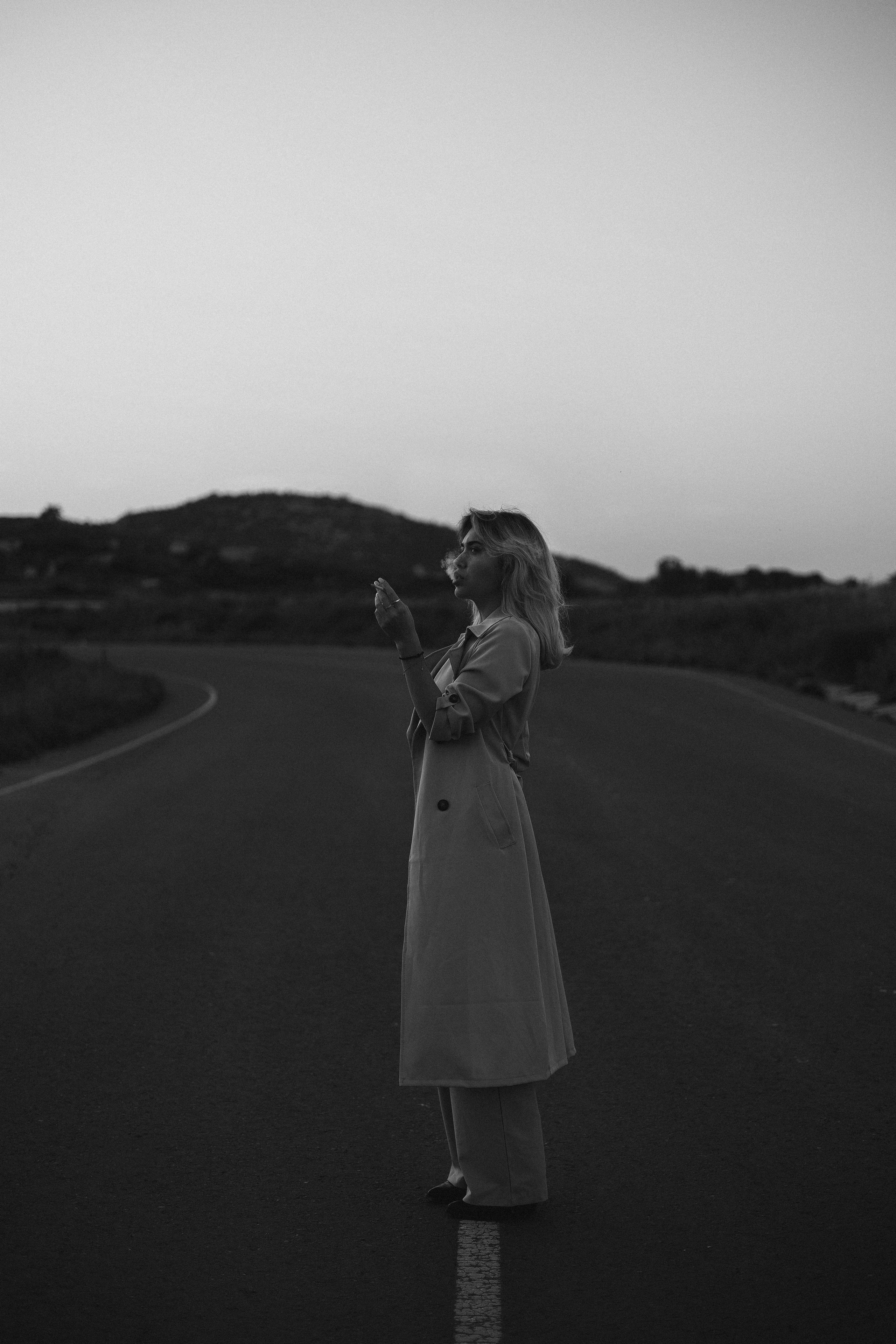 Cinematic Road Portraits — Woman in Trench Coat at Sunset. Kristina Kozheltsova- Soulful Portrait&Lifestyle&Love Story Photographer in Leipzig, Germany