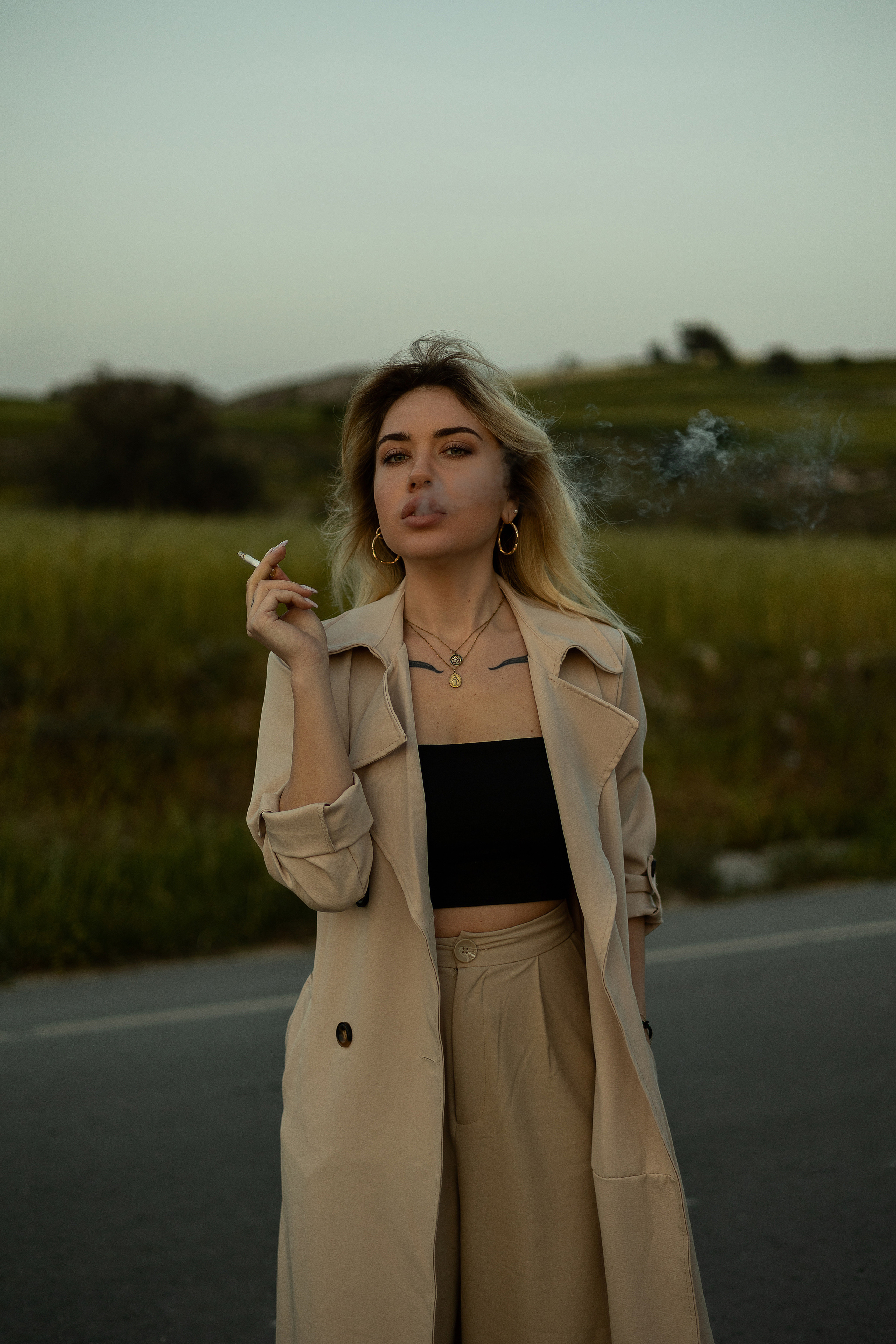 Cinematic Road Portraits — Woman in Trench Coat at Sunset. Kristina Kozheltsova- Soulful Portrait&Lifestyle&Love Story Photographer in Leipzig, Germany